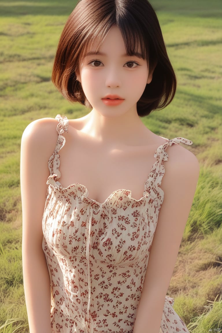 1girl, solo, breasts, looking at viewer, short hair, brown hair, black hair, dress, cleavage, brown eyes, upper body, small breasts, outdoors, sleeveless, day, mole, black eyes, lips, mole on breast, realistic