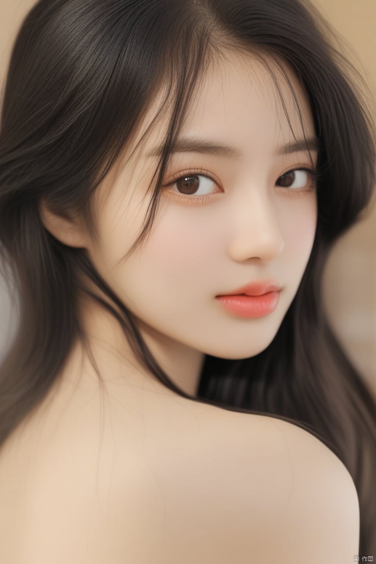 1girl, solo, long hair, looking at viewer, black hair, bare shoulders, brown eyes, closed mouth, upper body, looking back, blurry, lips, realistic, nose