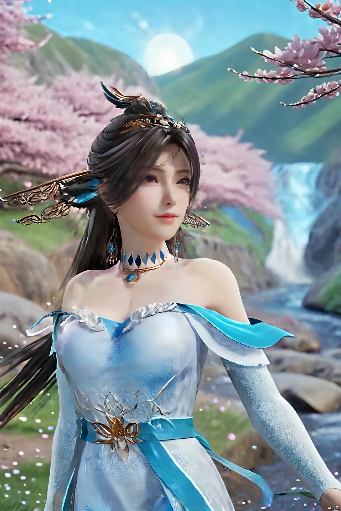 masterpiece,best quality,official art,extremely detailed CG unity 8k wallpaper,realistic,light rays,light particles,1girl,solo,medium chest,in a meadow,stream,mountain,cherry_blossoms,flower,outdoors,long_hair,earrings,(hair_ornament:1.2),dynamic pose,looking at viewer,(cowboy shot:1.2),Xbibo