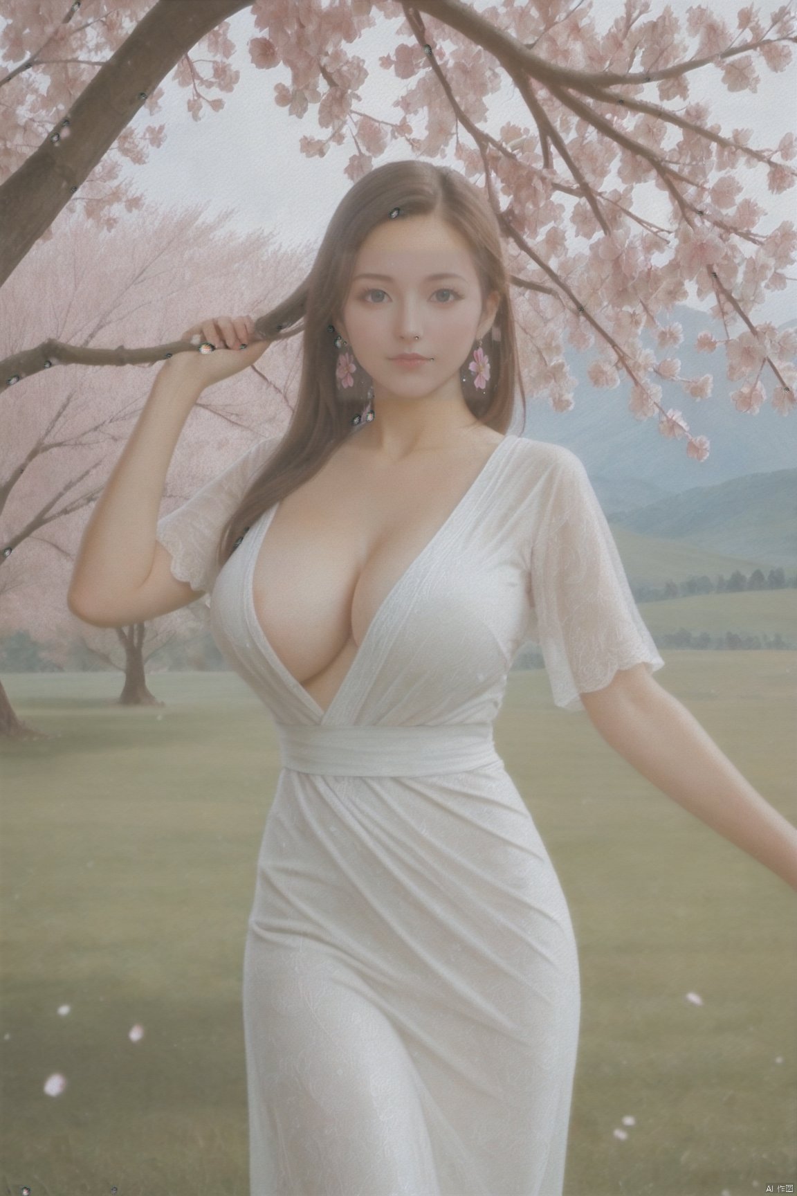 masterpiece,best quality,official art,extremely detailed CG unity 8k wallpaper,realistic,light rays,light particles,1girl,solo,medium chest,in a meadow,stream,mountain,cherry_blossoms,flower,outdoors,long_hair,earrings,(hair_ornament:1.2),dynamic pose,looking at viewer,(cowboy shot:1.2),Xbibo,(big breasts:1.59),