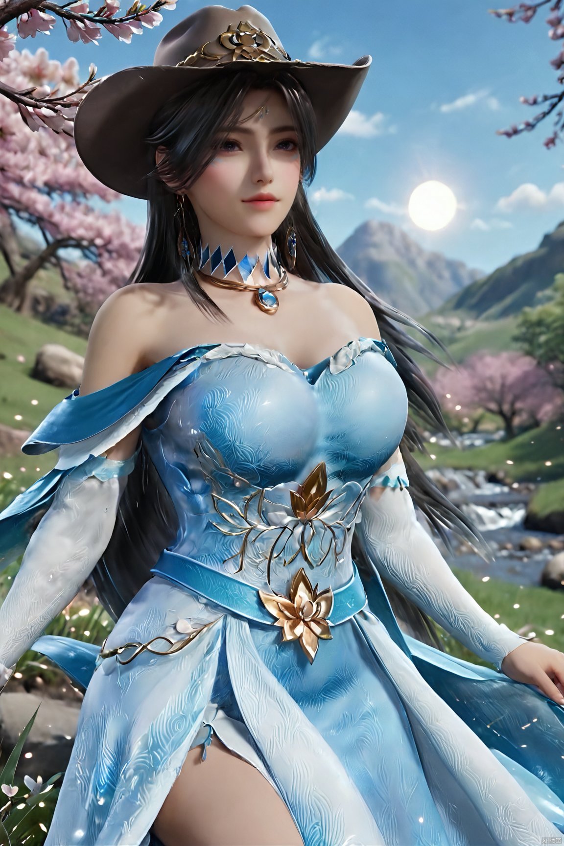 masterpiece,best quality,official art,extremely detailed CG unity 8k wallpaper,realistic,light rays,light particles,1girl,solo,medium chest,in a meadow,stream,mountain,cherry_blossoms,flower,outdoors,long_hair,earrings,(hair_ornament:1.2),dynamic pose,looking at viewer,(cowboy shot:1.2),Xbibo,(big breasts:1.59),