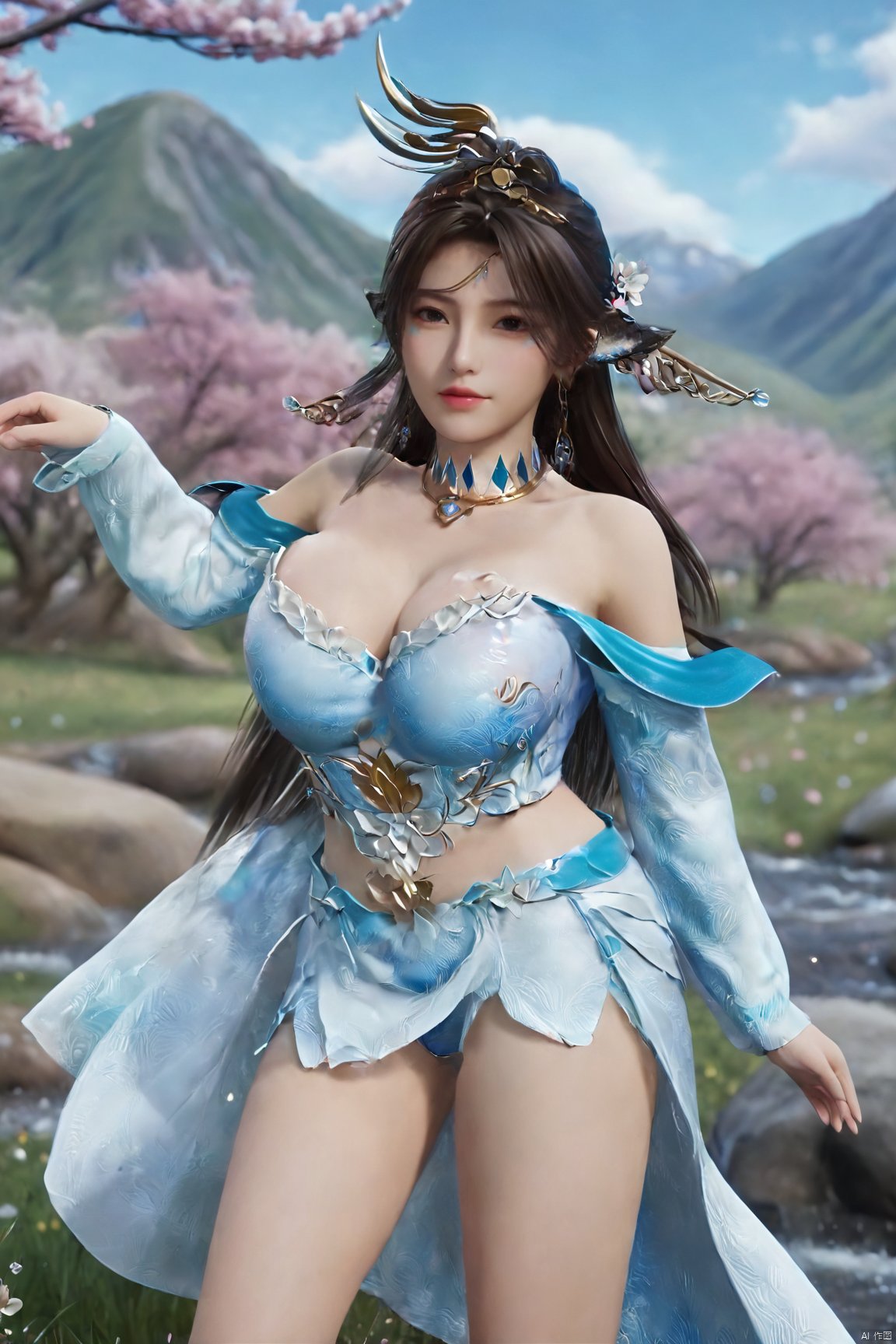 masterpiece,best quality,official art,extremely detailed CG unity 8k wallpaper,realistic,light rays,light particles,1girl,solo,medium chest,in a meadow,stream,mountain,cherry_blossoms,flower,outdoors,long_hair,earrings,(hair_ornament:1.2),dynamic pose,looking at viewer,(cowboy shot:1.2),Xbibo,(big breasts:1.59),