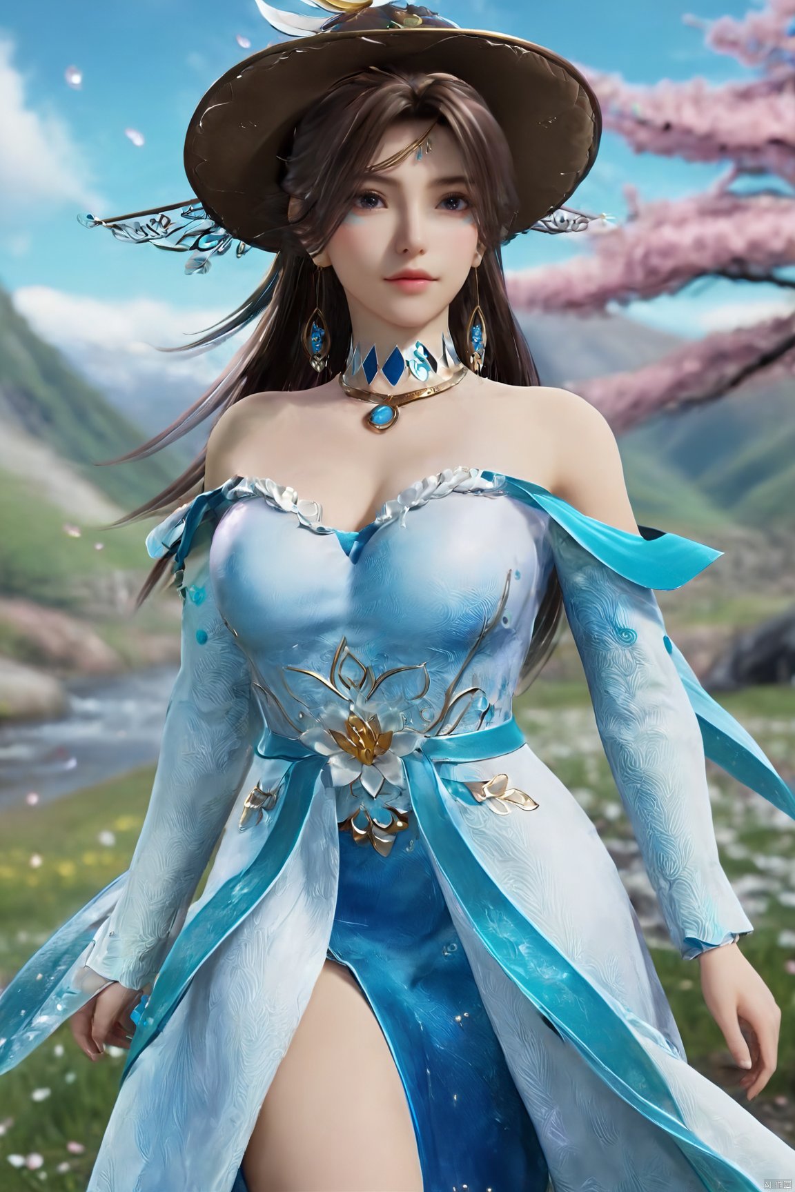 masterpiece,best quality,official art,extremely detailed CG unity 8k wallpaper,realistic,light rays,light particles,1girl,solo,medium chest,in a meadow,stream,mountain,cherry_blossoms,flower,outdoors,long_hair,earrings,(hair_ornament:1.2),dynamic pose,looking at viewer,(cowboy shot:1.2),Xbibo,(big breasts:1.59),