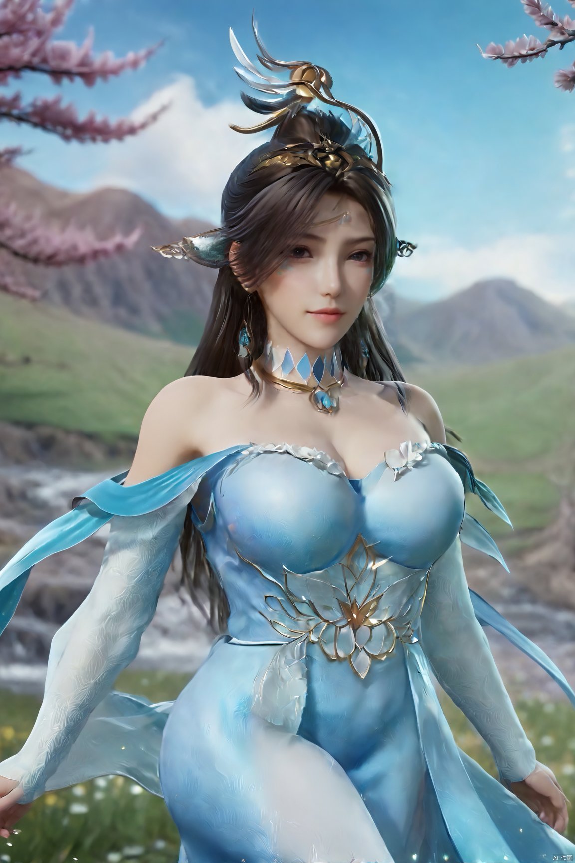 masterpiece,best quality,official art,extremely detailed CG unity 8k wallpaper,realistic,light rays,light particles,1girl,solo,medium chest,in a meadow,stream,mountain,cherry_blossoms,flower,outdoors,long_hair,earrings,(hair_ornament:1.2),dynamic pose,looking at viewer,(cowboy shot:1.2),Xbibo,(big breasts:1.59),