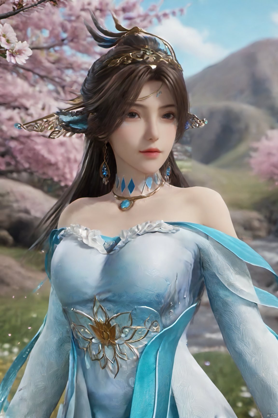 masterpiece,best quality,official art,extremely detailed CG unity 8k wallpaper,realistic,light rays,light particles,1girl,solo,medium chest,in a meadow,stream,mountain,cherry_blossoms,flower,outdoors,long_hair,earrings,(hair_ornament:1.2),dynamic pose,looking at viewer,(cowboy shot:1.2),Xbibo,(big breasts:1.59),