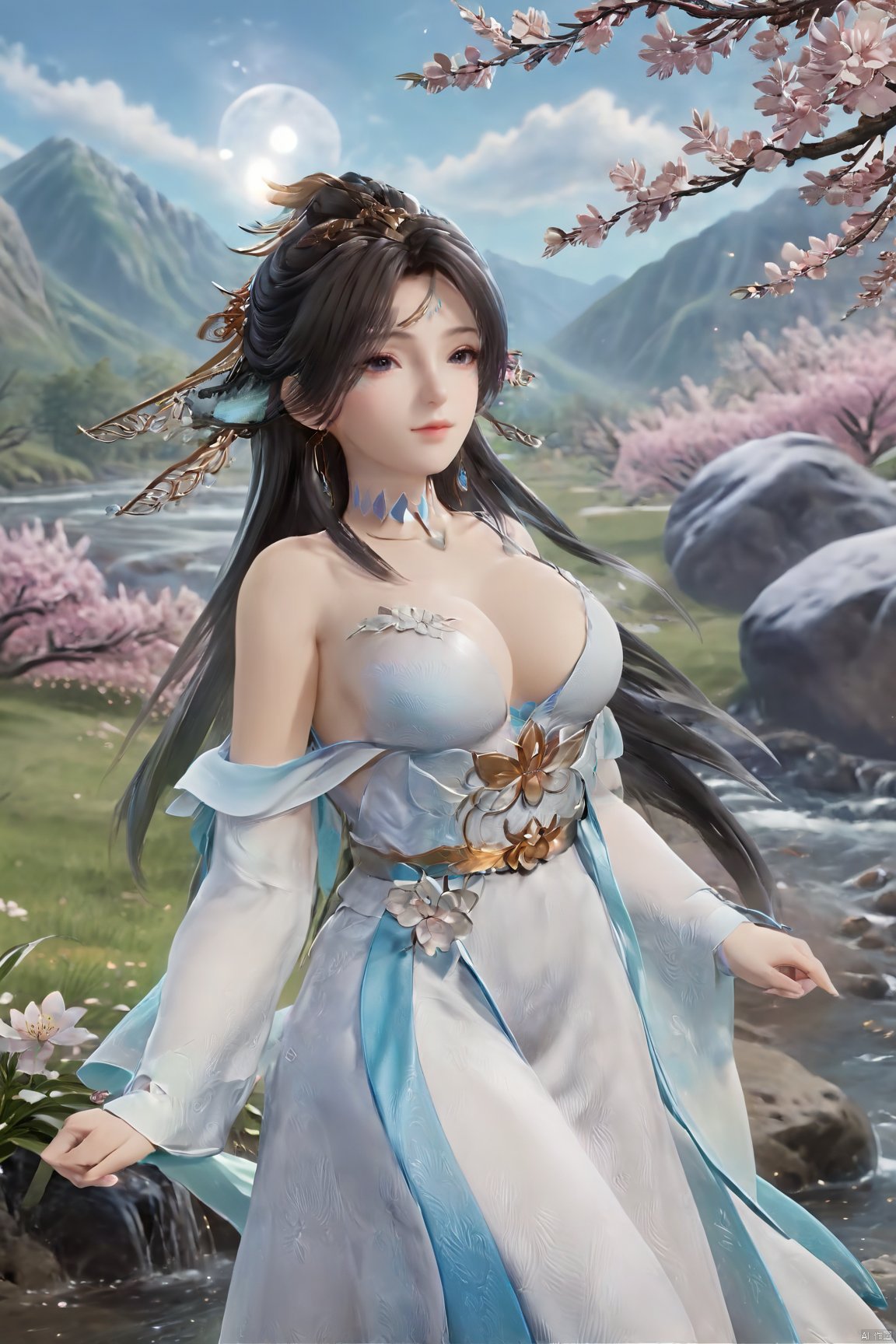 masterpiece,best quality,official art,extremely detailed CG unity 8k wallpaper,realistic,light rays,light particles,1girl,solo,medium chest,in a meadow,stream,mountain,cherry_blossoms,flower,outdoors,long_hair,earrings,(hair_ornament:1.2),dynamic pose,looking at viewer,(cowboy shot:1.2),Xbibo,(big breasts:1.59),