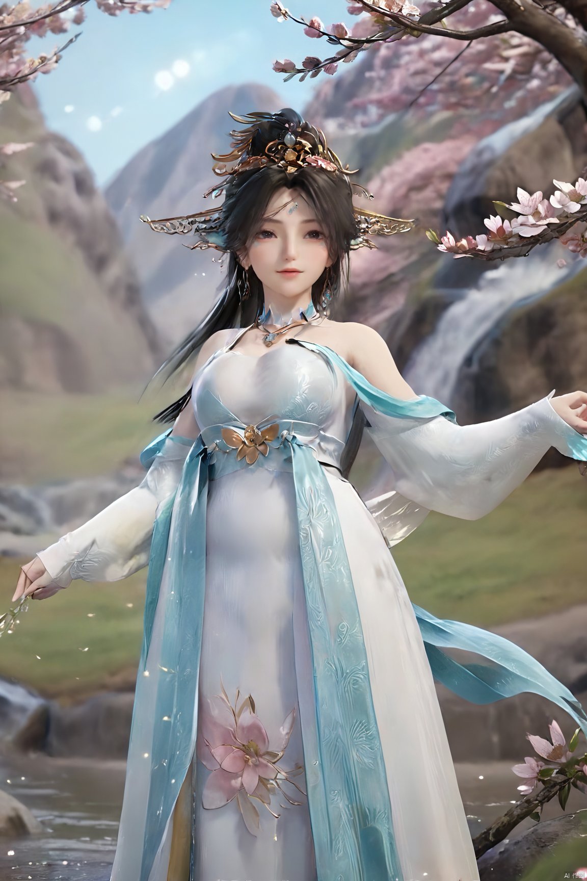 masterpiece,best quality,official art,extremely detailed CG unity 8k wallpaper,realistic,light rays,light particles,1girl,solo,medium chest,in a meadow,stream,mountain,cherry_blossoms,flower,outdoors,long_hair,earrings,(hair_ornament:1.2),dynamic pose,looking at viewer,(cowboy shot:1.2),Xbibo,(big breasts:1.59),