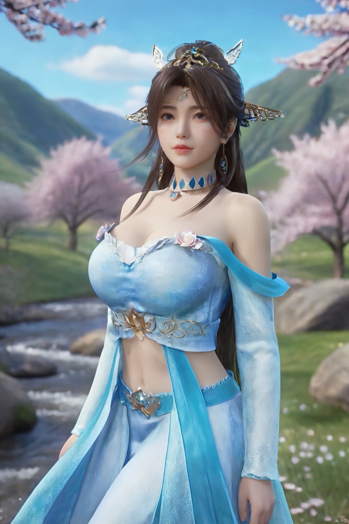 masterpiece,best quality,official art,extremely detailed CG unity 8k wallpaper,realistic,light rays,light particles,1girl,solo,medium chest,in a meadow,stream,mountain,cherry_blossoms,flower,outdoors,long_hair,earrings,(hair_ornament:1.2),dynamic pose,looking at viewer,(cowboy shot:1.2),Xbibo,(big breasts:1.59),