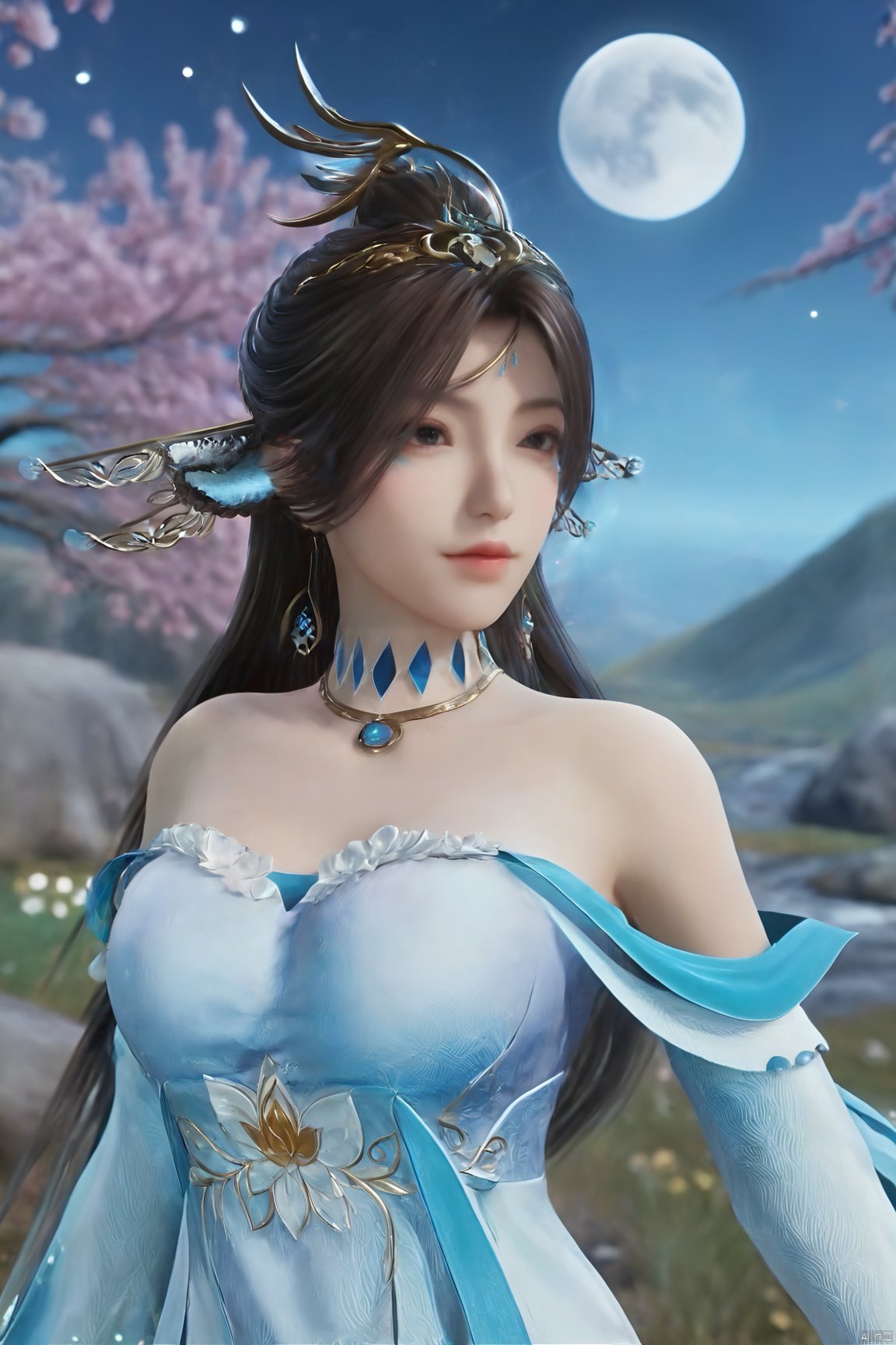 masterpiece,best quality,official art,extremely detailed CG unity 8k wallpaper,light rays,light particles,1girl,solo,medium chest,in a meadow,stream,mountain,cherry_blossoms,flower,outdoors,long_hair,earrings,(hair_ornament:1.2),dynamic pose,looking at viewer,(full moon:1.2),Xbibo,(big breasts:1.59),