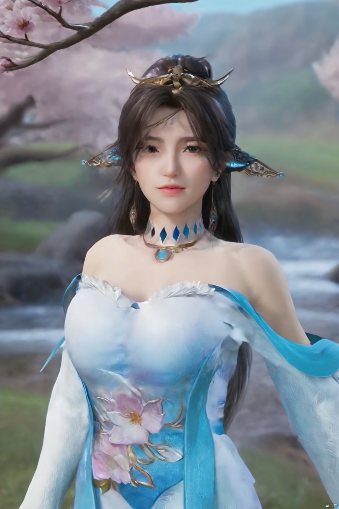 masterpiece,best quality,official art,extremely detailed CG unity 8k wallpaper,realistic,light rays,light particles,1girl,solo,medium chest,in a meadow,stream,mountain,cherry_blossoms,flower,outdoors,long_hair,earrings,(hair_ornament:1.2),dynamic pose,looking at viewer,(cowboy shot:1.2),Xbibo,(big breasts:1.59),