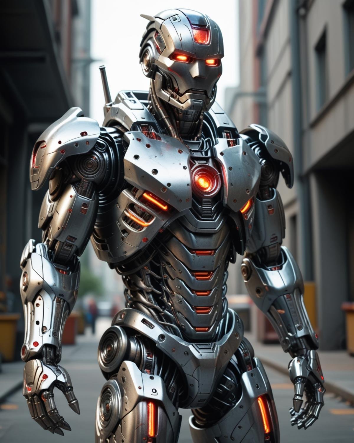 1boy, glowing eyes, humanoid robot, mecha, no humans, red eyes, robot, science fiction, solo <lora:FoxAi_MECHA_ROBOT-000005:1>