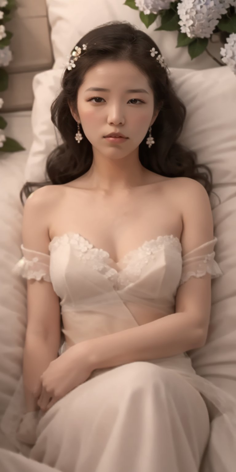 Surrealistic digital painting of a young woman with fair skin, curly fair hair, delicate facial features, enshrouded in a graceful, light pink fabric, slumbering among a plush hydrangea bed of pink and white blossoms, creating a dreamy, ethereal ambiance, palette consisting largely of pinks, whites, and lilacs, invoking a sense of serenity and tranquility, painterly strokes result in. A soft-focused portrait of a young woman with fair skin and curly brown hair with bangs, her delicate facial features illuminated by the gentle glow of a subtle pink fabric wrap. She slumbers amidst a plush hydrangea bed, where pink and white blossoms gently unfold, creating a dreamy, ethereal ambiance. Brushstrokes whisper whispers of pinks, whites, and lilacs, weaving a tapestry of serenity and tranquility. burlesque,shabby chic, fine art, epic, Boho gypsy, marquise, duchesse, dark fantasy.