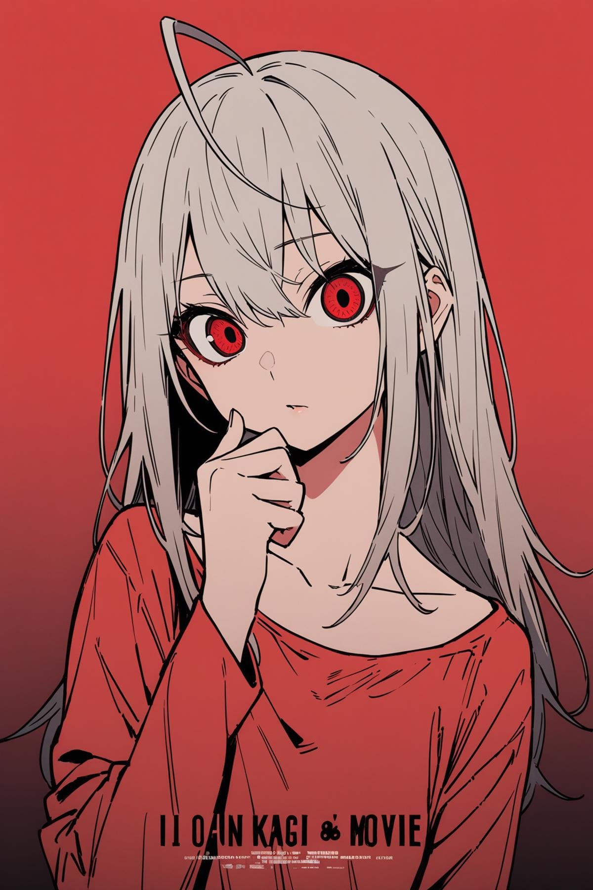 masterpiece, best quality, absurdres, 1girl, solo, yonagi kei, movie poster, title, black and red theme, detailed eyes, gradient eyes, ahoge, collarbone, flat color, hand on own chin, <lora:Act-Age-anxl31:0.6>, 