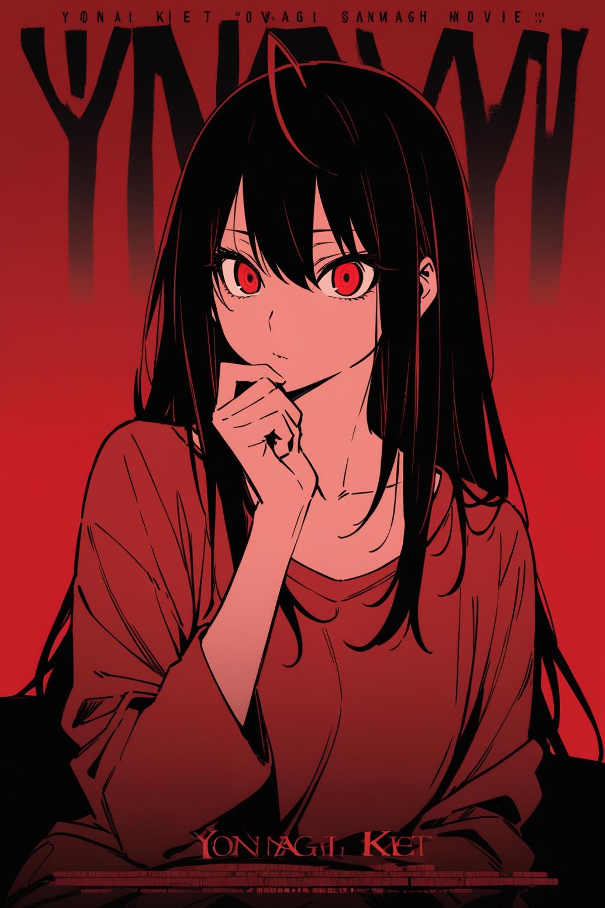 masterpiece, best quality, absurdres, 1girl, solo, yonagi kei, movie poster, title, black and red theme, detailed eyes, gradient eyes, ahoge, collarbone, flat color, hand on own chin, <lora:Act-Age-anxl31:0.6>, 