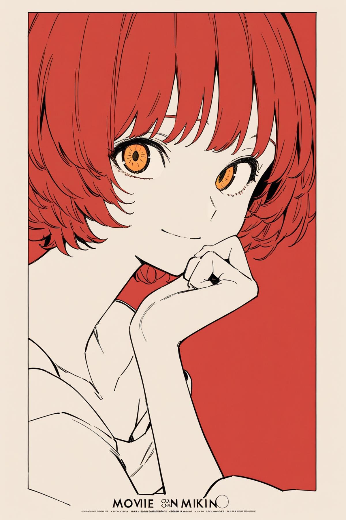 masterpiece, best quality, absurdres, 1girl, solo, momoshiro chiyoko, movie poster, title, black and red theme, detailed eyes, light smile, collarbone, flat color, hand on own chin, <lora:Act-Age-anxl31:0.6>, 