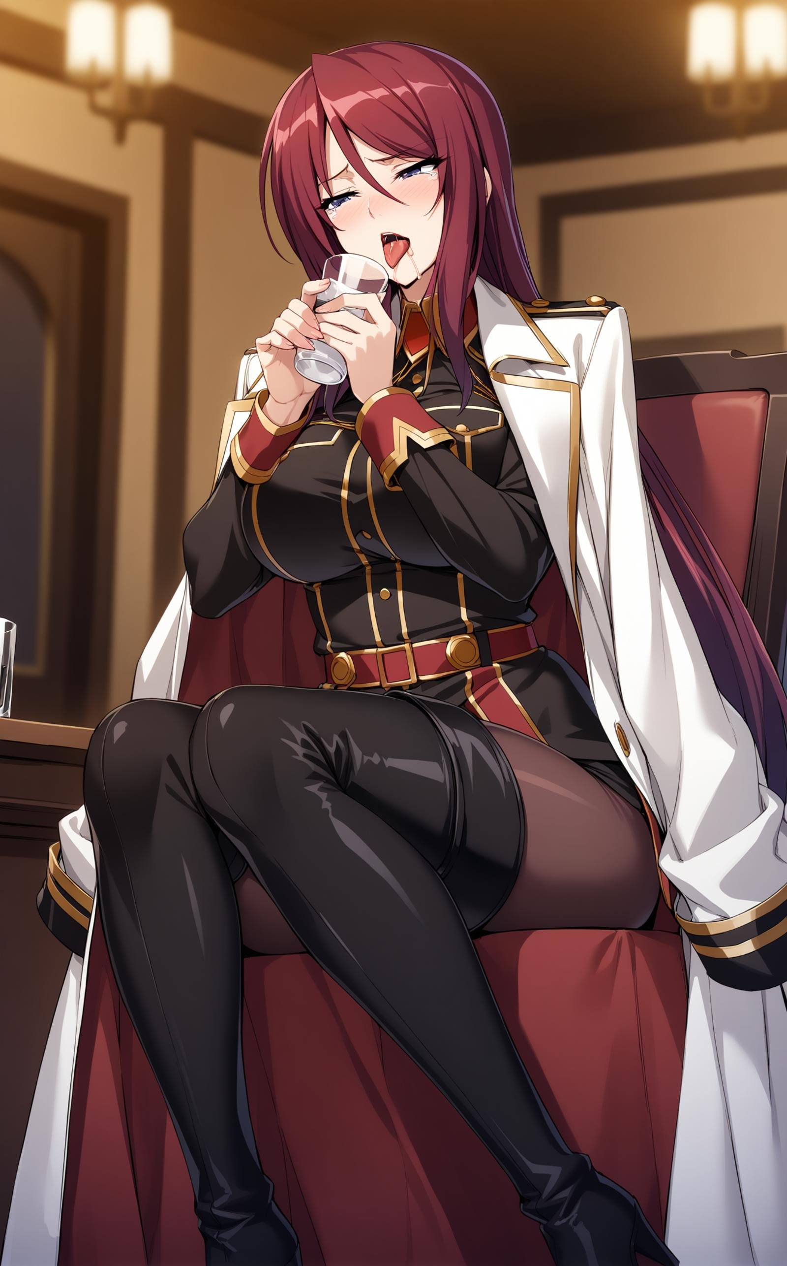 BeatriceKushan, 1girl, solo, full body, sitting on chair, holding shot glass, hands up, drinking, open mouth, tongue out, tears, looking down, half-closed eyes, frown, bk's uniform, bk's white coat, coat on shoulders, bk's pants, bk's thigh boots, red lips, drooling, indoors, living room, blurry background, masterpiece, best quality, very aesthetic, pov, <lora:Bea&KilaKushan-anxl31:0.5>, 