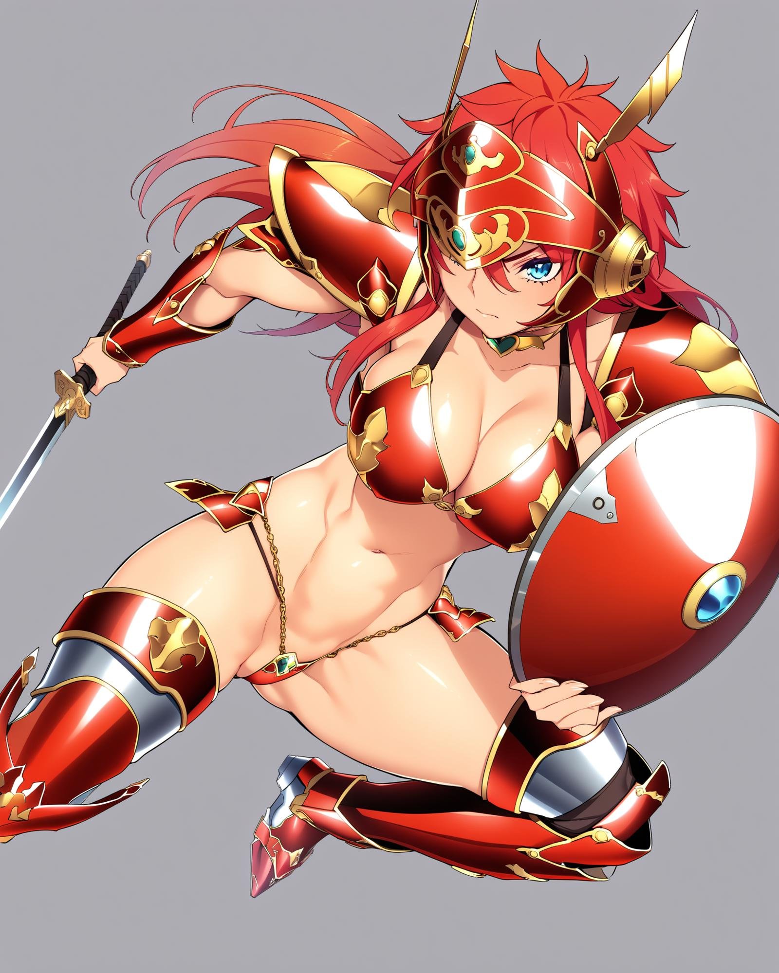 masterpiece, best quality, absurdres, very aesthetiuc, dynamic pose, official art, 1girl, solo, StellaFons, holding sword, holding shield, sf's golden neck ring, sf's helm, sf's shoulder pads, sf's arm guards, sf's armored boots, sf's bikini armor top, sf's bikini armor bottom, midriff, simple background, by mochizuki kei, <lora:MeMaPA:0.6>, <lora:v-s-e-n-anxl-000079:0.75>, 