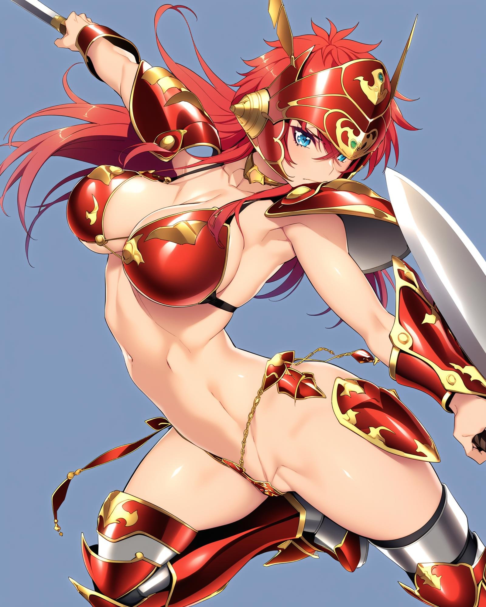 masterpiece, best quality, absurdres, very aesthetiuc, dynamic pose, official art, 1girl, solo, StellaFons, holding sword, holding shield, sf's golden neck ring, sf's helm, sf's shoulder pads, sf's arm guards, sf's armored boots, sf's bikini armor top, sf's bikini armor bottom, midriff, simple background, by mochizuki kei, <lora:MeMaPA:0.6>, <lora:v-s-e-n-anxl-000079:0.75>, 