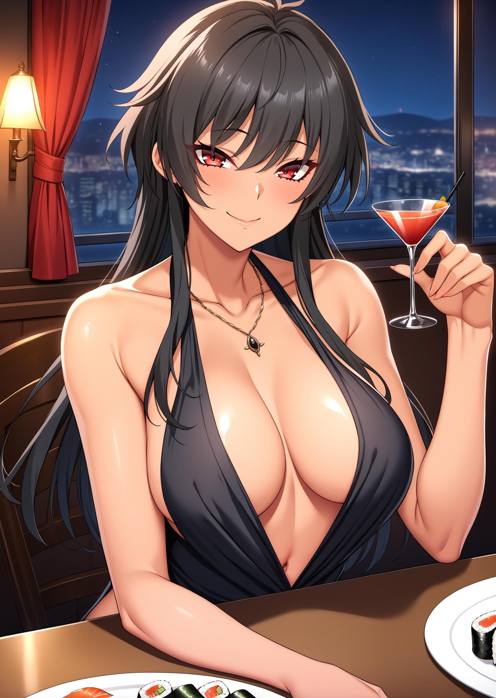 masterpiece, best quality, absurdres, very aesthetiuc, 1girls, StellaFons Noir, black hair, red eyes, evening gown, plunging neckline, navel, holding cocktail glass, hand up, looking at viewer, night, window, restaurant, upper body, hand on table, sitting behind table, tablecloth, window, cityscape, smile, closed mouth, raised eyebrows, plate, sushi, <lora:v-s-e-n-anxl-000079:0.55>, 