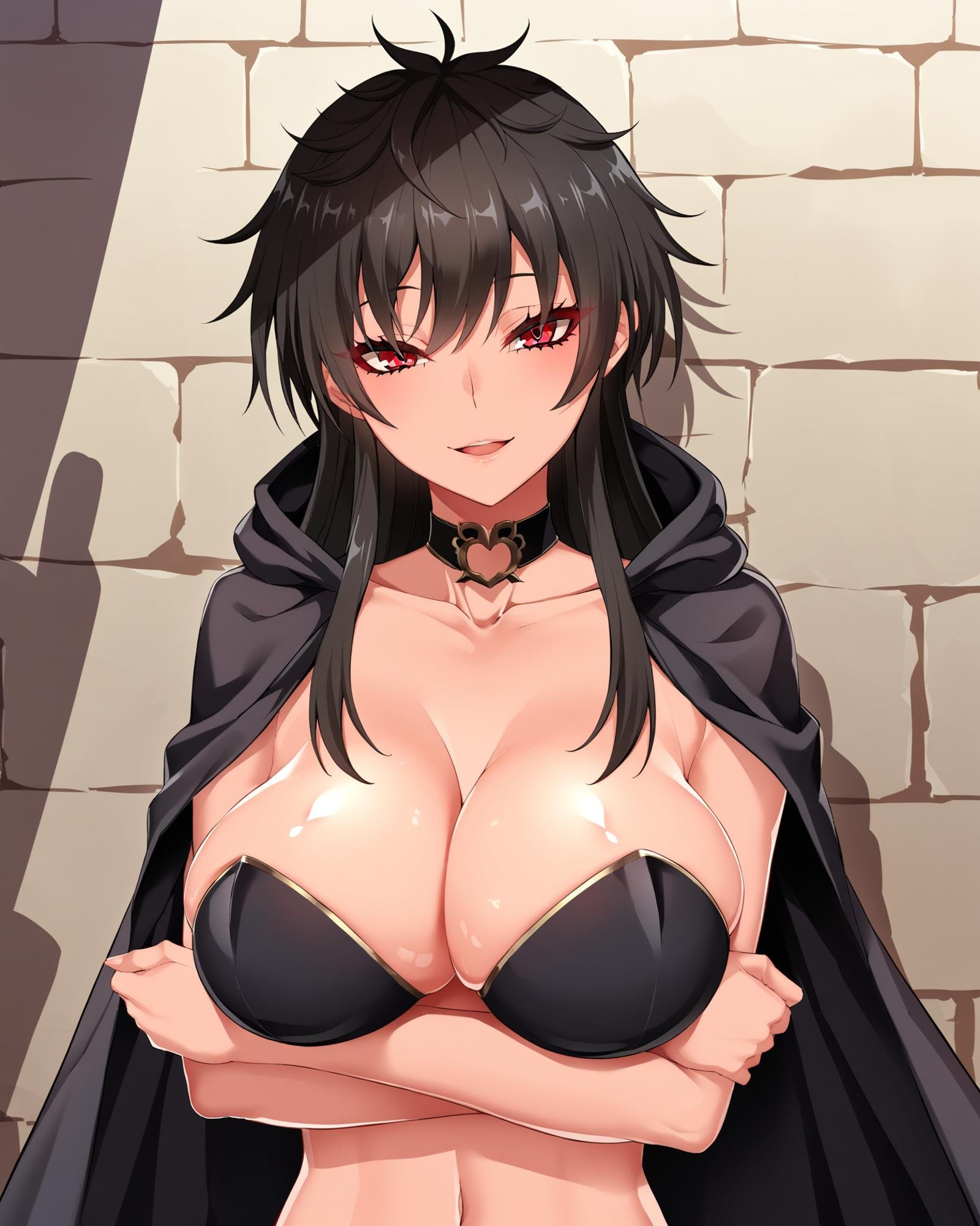 masterpiece, best quality, absurdres, very aesthetiuc, upper body, dutch angle, 1girl, solo, StellaFons Noir, black hair, red eyes, hooded cloak, hood down, noir's choker, noir's boobplate, strapless, standing, breast hold, against wall, outdoors, half-closed eyes, bare arms, shade, looking at viewer, parted lips, smile, raised eyebrows, face in shadow, <lora:v-s-e-n-anxl-000079:0.5>, <lyco:LAMXLANI31lokrV42310:0.7>, 