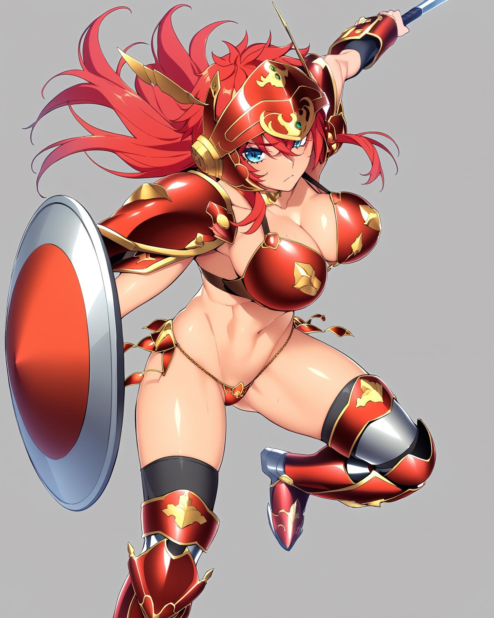 masterpiece, best quality, absurdres, very aesthetiuc, dynamic pose, official art, 1girl, solo, StellaFons, holding sword, holding shield, sf's golden neck ring, sf's helm, sf's shoulder pads, sf's arm guards, sf's armored boots, sf's bikini armor top, sf's bikini armor bottom, midriff, simple background, by mochizuki kei, <lora:MeMaPA:0.6>, <lora:v-s-e-n-anxl-000079:0.75>, 