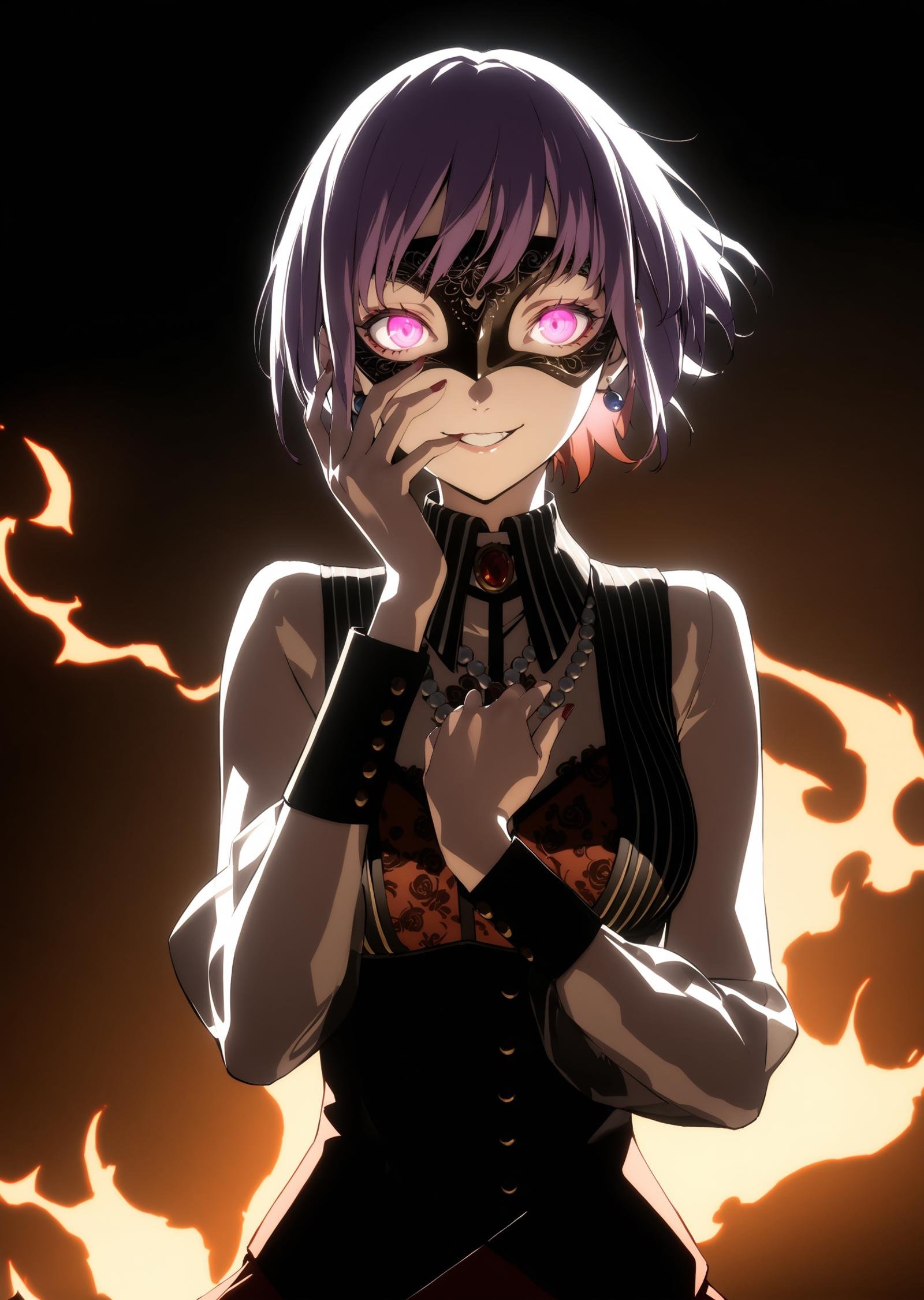 masterpiece, best quality, absurdres, very authentic, 1girl, solo, YuutenjiNyamu, amoris eye mask, amoris costume, hand on own face, earrings, simple background, dynamic, glowing eyes, looking at viewer, evil smile, flame effect, burning, soejima shigenori, intense, filmic, floating hair, <lora:YTJNM-anxl31:0.6>, <lora:persona_style_xl_c:0.6>, 