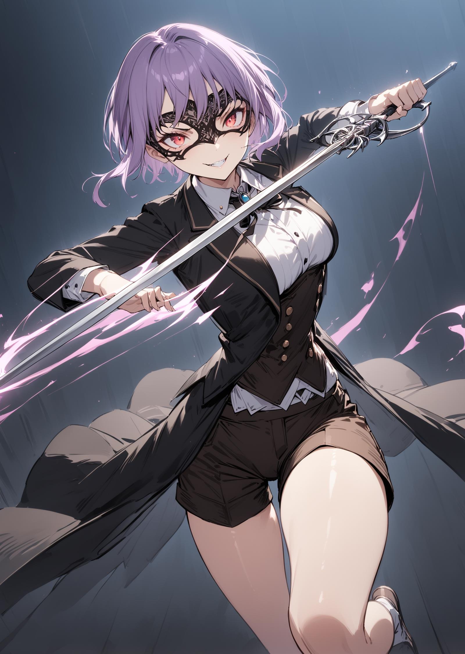 masterpiece, best quality, absurdres, very aesthetic, 1girl, solo, YuutenjiNyamu, amoris eye mask, shorts, tuxedo, (holding sword rapier:1.2), fighting stance, evil smile, sword trail, energy, Curved Sword Slash, <lora:YTJNM-anxl31:0.4>, <lora:granblue_fantasy_style_xl:1>, <lora:rapier_pony_ex_c12_d16:0.6>, <lora:XL_Weapon_Curved_Sword_Slash__-_By_HailoKnight:0.6>, 