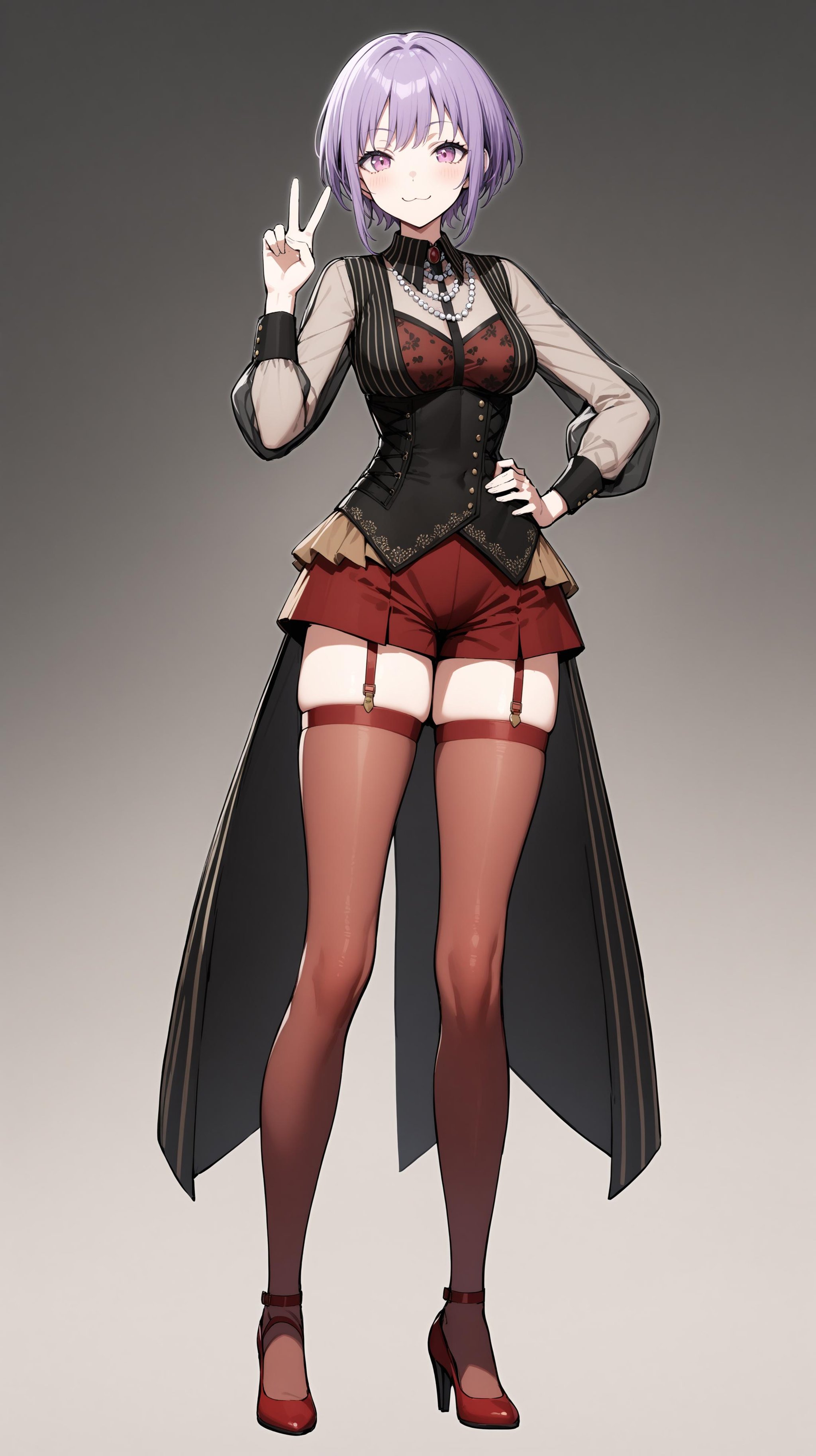 masterpiece, best quality, absurdres, very authentic, 1girl, full body, bishounen, yuutenjinyamu, amoris costume, red pumps, ankle strap heels, standing, contrapposto, hand up, v, smile, :3, closed mouth, hand on own hip, legs apart, thighhighs, tall female, absrtact background, <lora:YTJNM-anxl31:0.6>, 