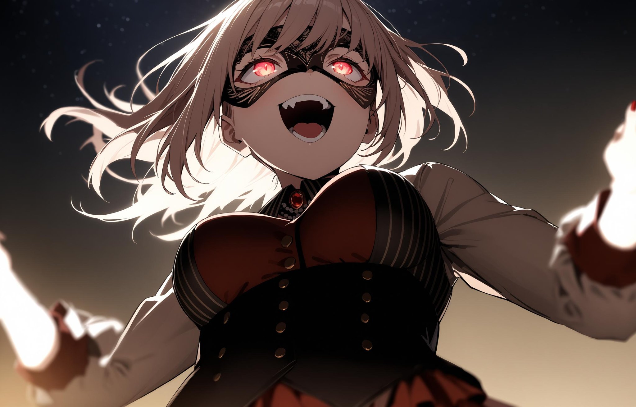 masterpiece, best quality, absurdres, very authentic, from below, 1girl, upper body, looking up, w arms, dynamic pose, glowing eyes, spread arms, amoris eye mask, amoris costume, looking ahead, open mouth, teeth, crazy, laughing, (smile:0.8), fang, long sleeves, red nails, outdoors, night, starry sky, depth of field, backlighting, casting shadow style, fighting stance, motion blur, floating hair, <lora:YTJNM-anxl31:0.6>, <lora:casting shadow style:0.5>, 