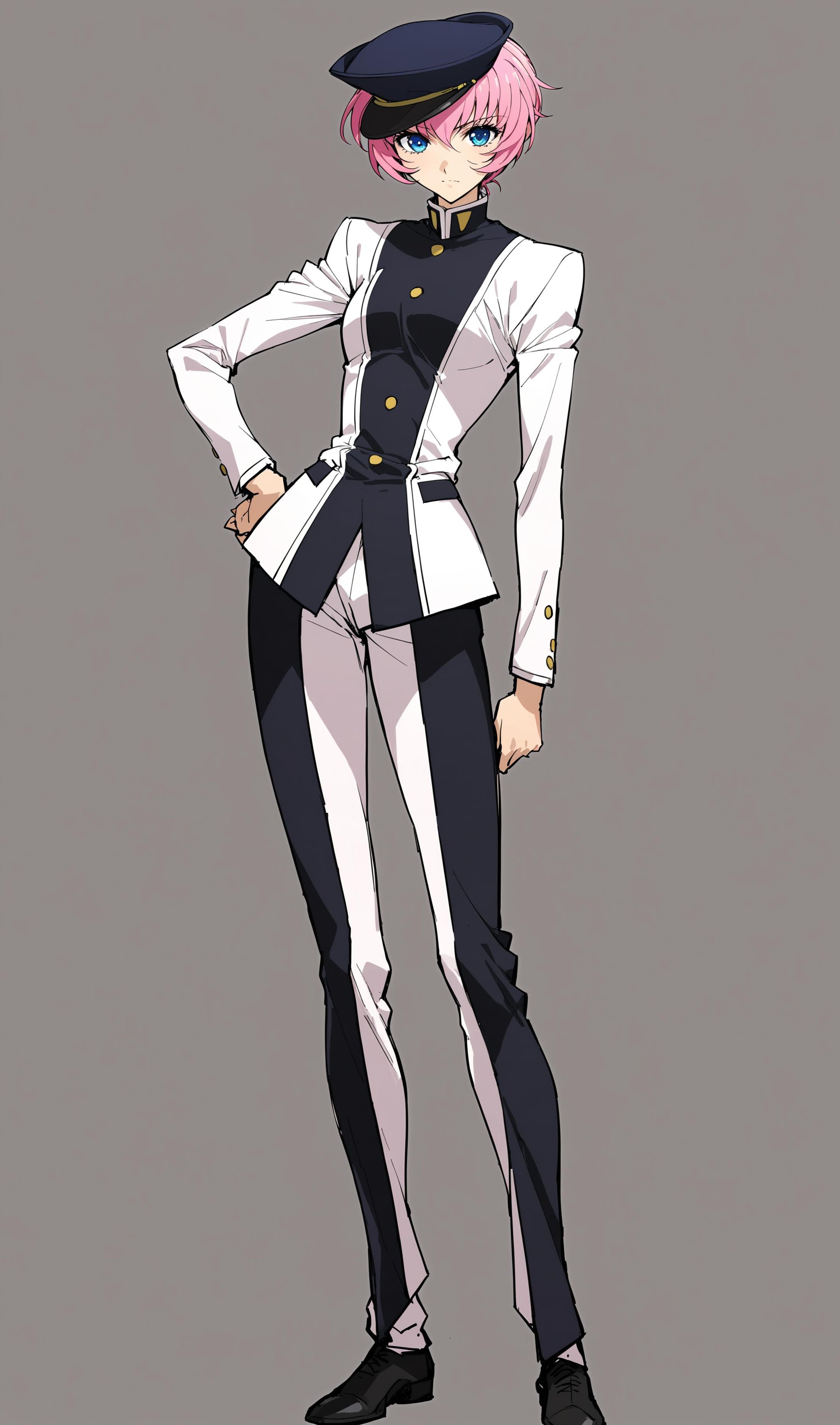 masterpiece, best quality, absurdres, incredibly absurdres, 1girl, solo, TenjouUtena, full body, standing, contrapposto, Utena's uniform, Utena's cap, tilted headwear, Utena's pants, oxfords, hand on own hip, arm at side, simple background, tall female, <lora:Utena-anxl31-000049:0.6>, 