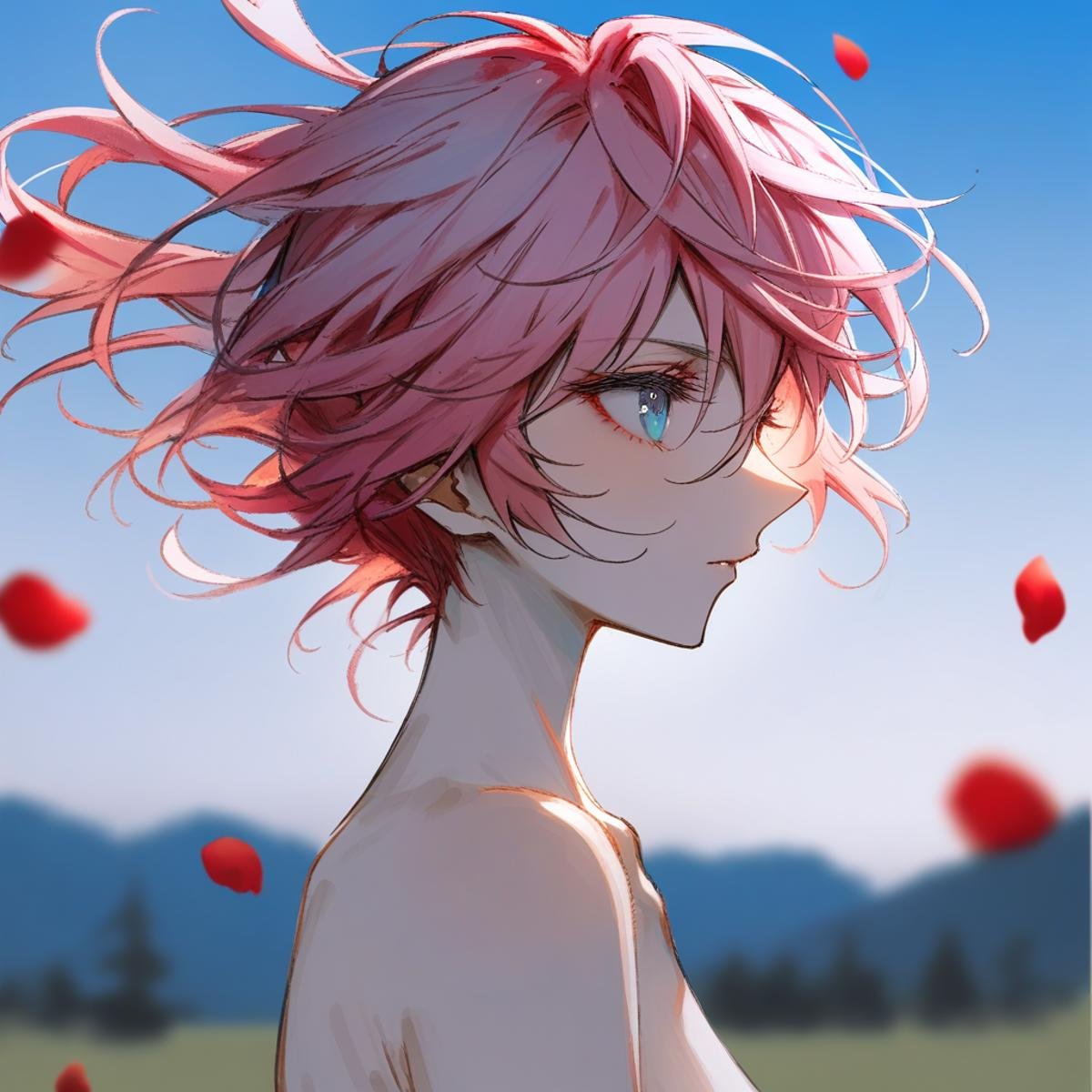 masterpiece, best quality, absurdres, incredibly absurdres, 1girl, solo, bishounen, TenjouUtena, completely nude, portrait, from side, looking at side, outdoors, sky, morning, floating hair, falling petals, rose petals, blurry background, traditional media, <lora:Yogisya_XL:0.8>, <lora:Utena-anxl31-000049:0.6>, 