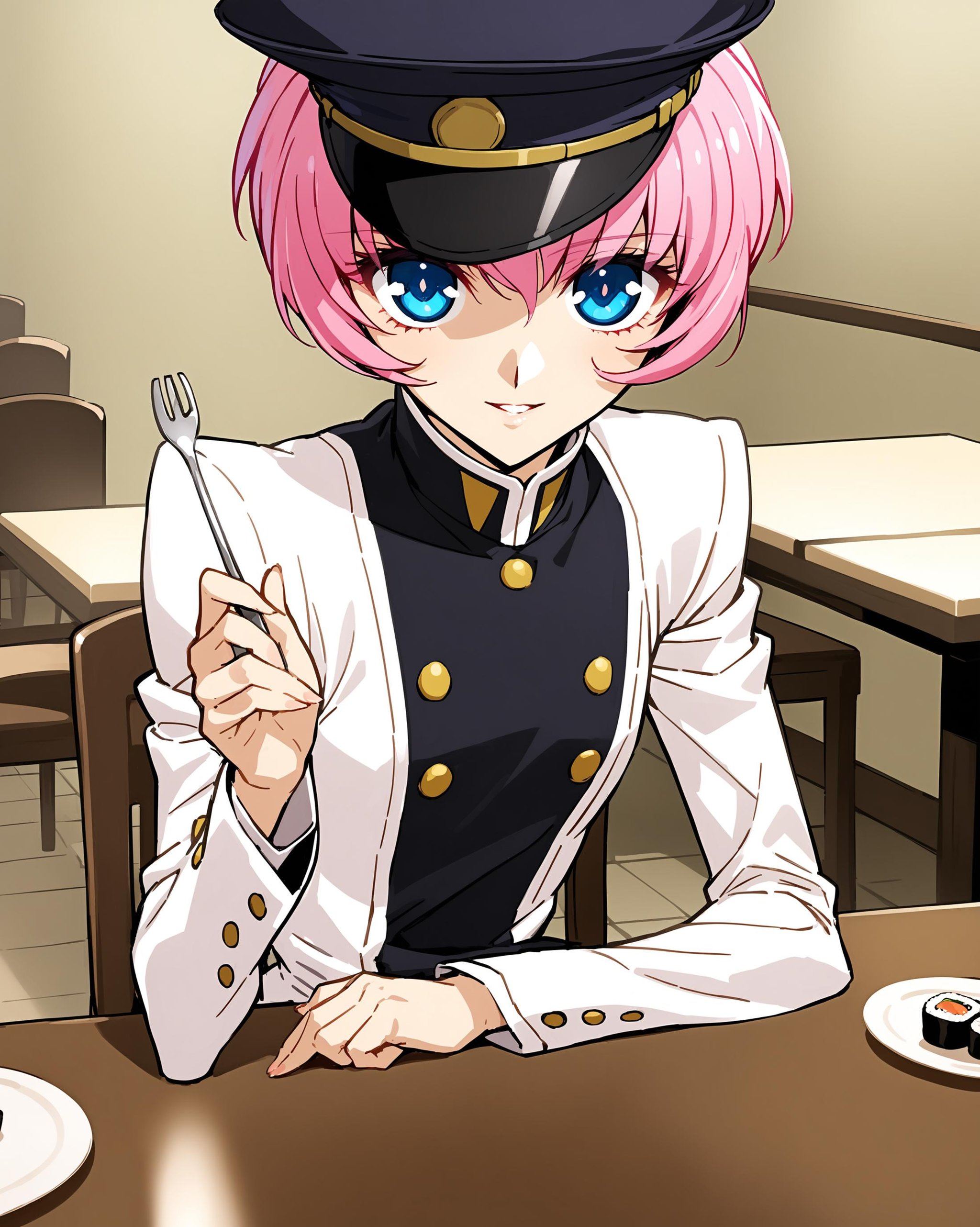 masterpiece, best quality, absurdres, incredibly absurdres, 1girl, solo, bishounen, TenjouUtena, sitting, sitting behind table, on chair, looking at viewer, parted lips, light smile, flat chest, arm support, hand up, holding fork, Utena's uniform, Utena's cap, tilted headwear, table, (sushi:1.1), plate, restaurant, table, day, indoors, <lora:Utena-anxl31-000049:0.65>, 