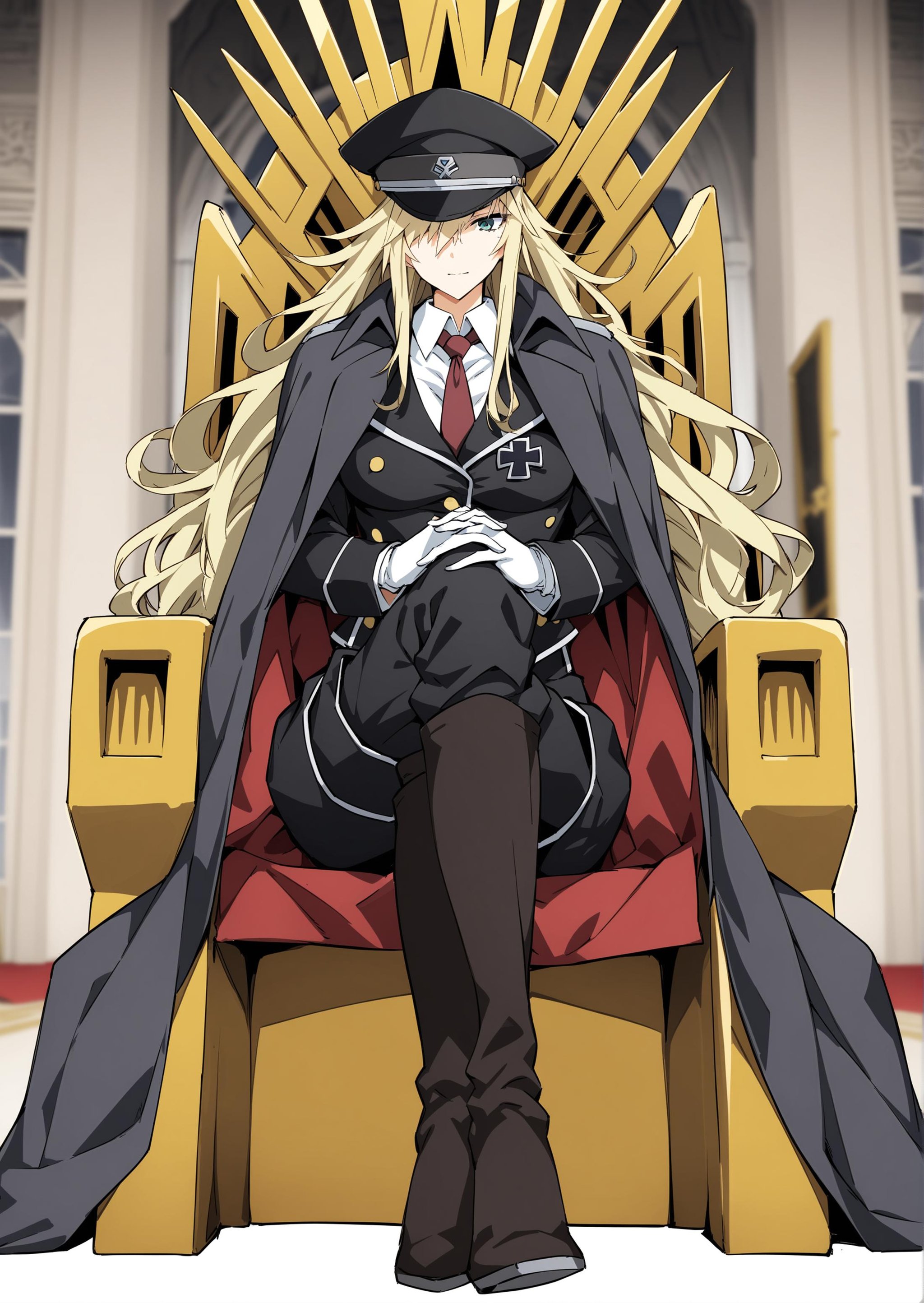 masterpiece, best quality, absurdres, incredibly absurdres, very authentic, straight-on, 1girl, solo, KriemhildHelheim, full body, sitting on throne, (detailed golden throne:1.2), looking down, looking at viewer, white gloves, interlocked fingers, hands on own thighs, crossed legs, KriemhildHelheim, one eye covered, Kriemhild's military hat, Kriemhild's military uniform, long coat on shoulders, jodhpurs, knee boots, indoors, blurry background, palace, window, perspective, film grain, tall female, <lora:KRHR-anxl31:0.6>, <lora:Yogisya_XL:0.7>, traditional media, 