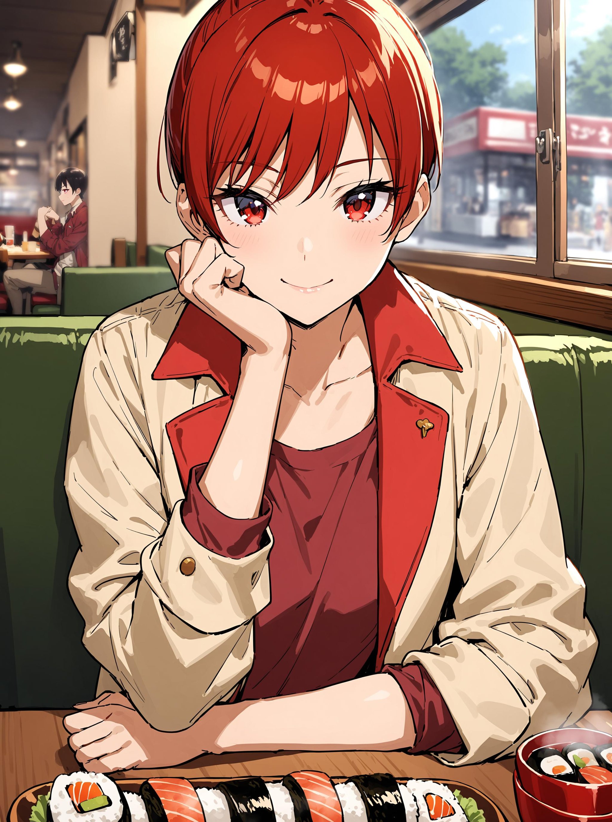 best quality, masterpiece, absurdres, very authentic, 1girl, solo, KenjouAkira, looking at viewer, smile, hand on own cheek, arm rest, hand on own arm, clenched hand, Akira's jacket, open jacket, red t-shirt, bishounen, depth of field, indoors, restaurant, coach, window, food, sushi, table, <lora:CureChoco-anxl31-000062:0.65>, 