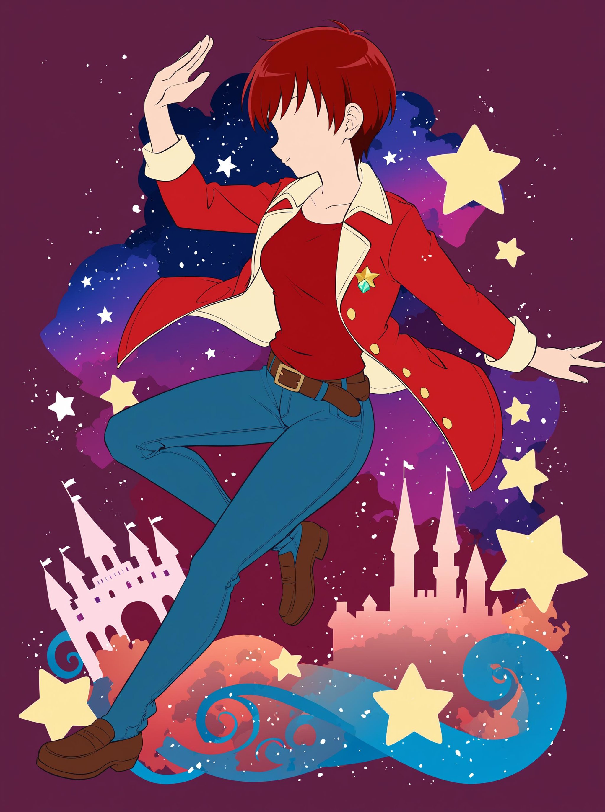 best quality, masterpiece, absurdres, very authentic, intricate, 1girl, (solo:1.2), full body, KenjouAkira, short hair, Akira's jacket, open jacket, red t-shirt, belt, belt buckle, jeans, loafer, dynamic pose, faceless female, star night, galaxy, gem, castle, sambanekostyle, silhouette, <lora:CureChoco-anxl31-000062:0.5>, <lora:SambaNekoStyle:0.9>, (simple background:1.4), 