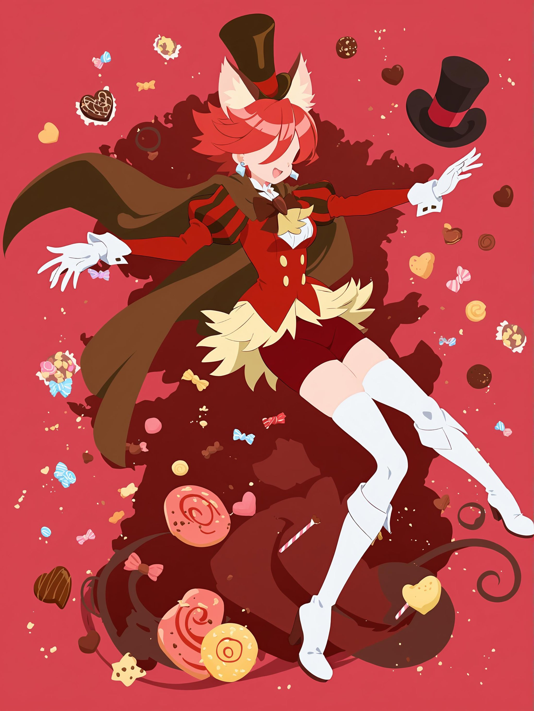 best quality, masterpiece, absurdres, very authentic, intricate, 1girl, solo, full body, CureChocolat, CureChocolat's short dress, CureChocolat's knee boots, CureChocolat's drop earrings, CureChocolat's top hat, CureChocolat's gloves, white thighhighs, red bike shorts, brown cape, dynamic pose, faceless female, snack, candy, chocolate, sambanekostyle, silhouette, <lora:CureChoco-anxl31-000062:0.5>, <lora:SambaNekoStyle:0.9>, (simple background:1.4), 