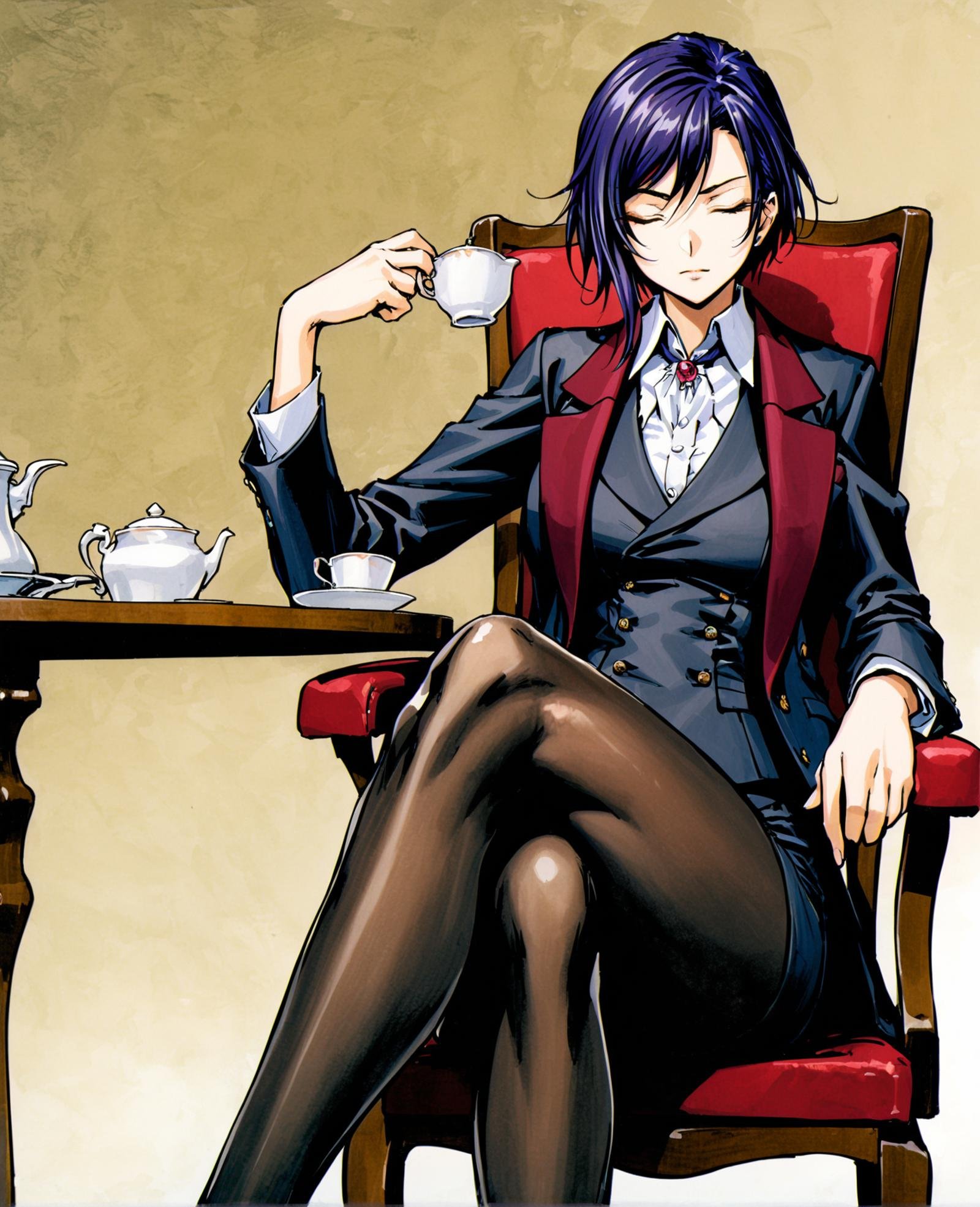 masterpiece, best quality, absurdres, very authentic, perfect composition, gothic, General, 1girl, solo, feet out of frame, Furuhashi Suzuna, suzuna's  business suit, pencil skirt, open jacket, black pantyhose, (crossed legs:1.6), sitting, on chair, closed eyes, (single hand holding teacup:1.1), holding teacup with thumb, table, tea set on table, expressionless, traditional media, <lora:suzuna-anxl31-000084:0.3>, <lora:Ayami Kojima_XL:1>, canvas \(medium\), <lora:detailed_notrigger:1.1>, 