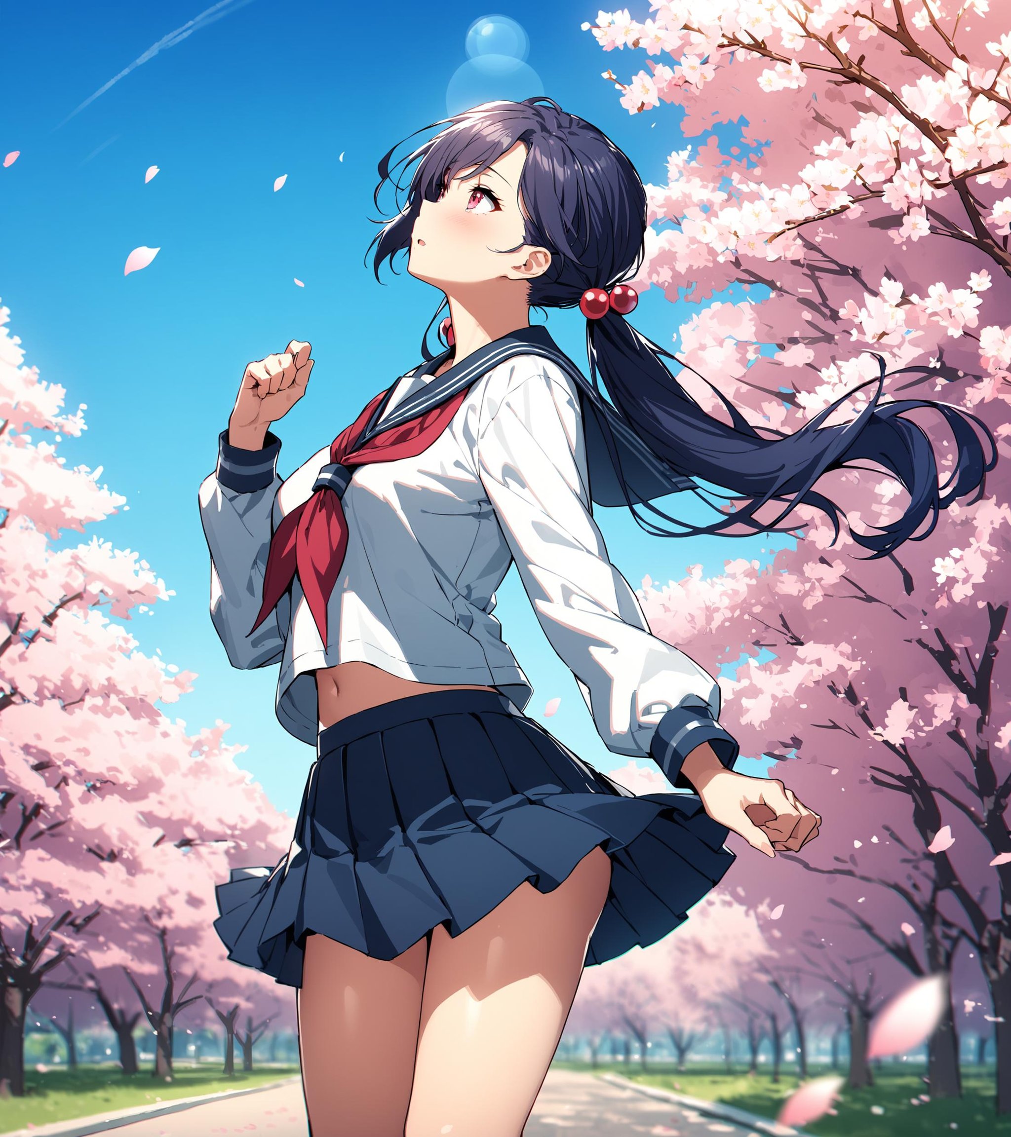 masterpiece, best quality, absurdres, very authentic, perfect composition, 1girl, solo, Teen suzuna, hair bobbles, facing up, hand up, floating hair, serafuku, pleated skirt, bare legs, kneehighs, falling petals, embarassed, depth of field, chromatic aberration, lens flare, day, outdoors, blue sky, wind, wind lift, park, cherry blossoms, <lora:suzuna-anxl31-000084:0.6>, 