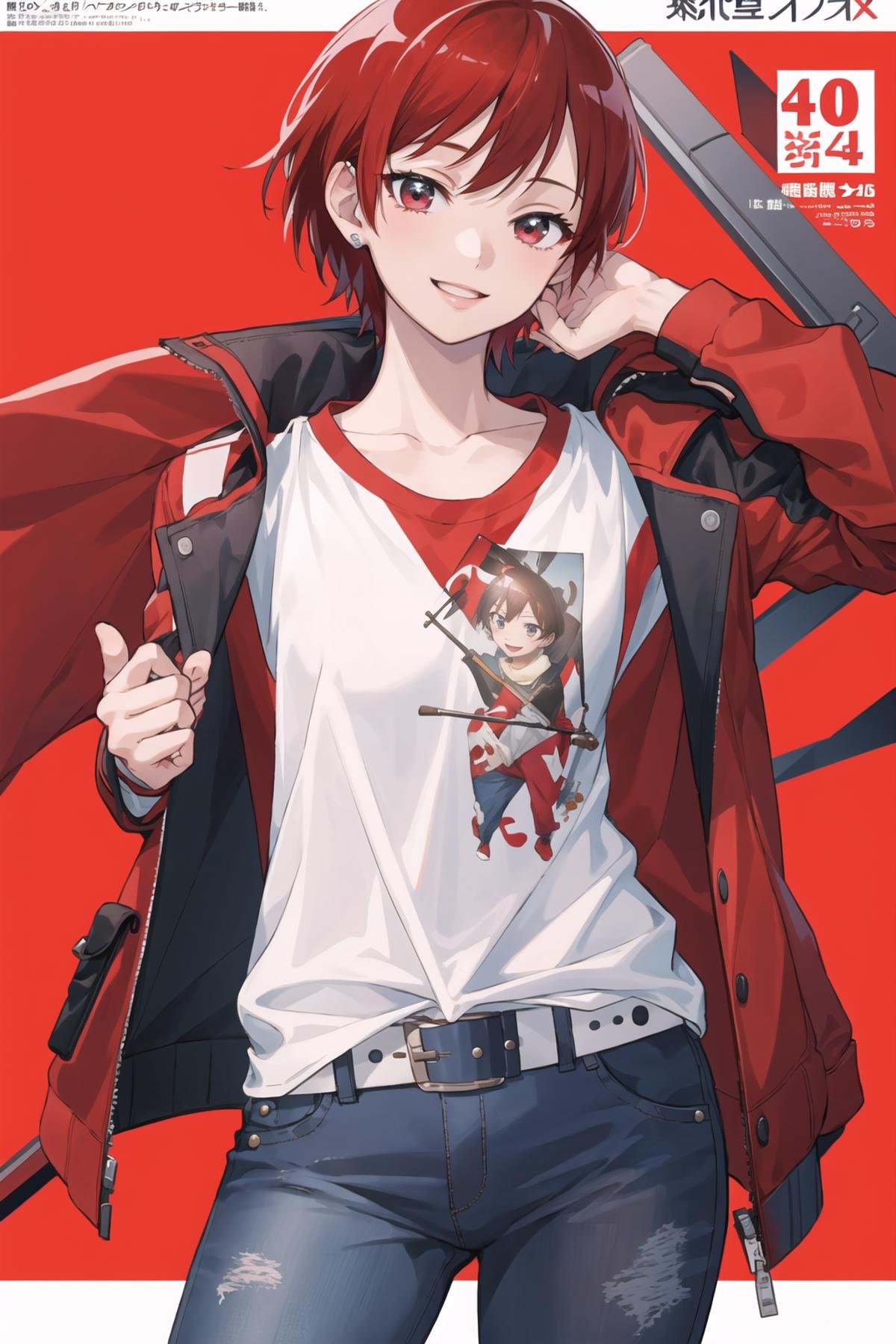 masterpiece, best quality, 1girl, solo, cowboy shot, realistic, KenjouAkira. Akira's jacket, red t-shirt, open jacket, belt, belt buckle, jeans, looking at viewer, dynamic pose, 4k, absurdres, smile, dynamic, ultra detailed, dynamic, striped background, magazine cover page, <lora:CureChoco-nai:0.7>, 