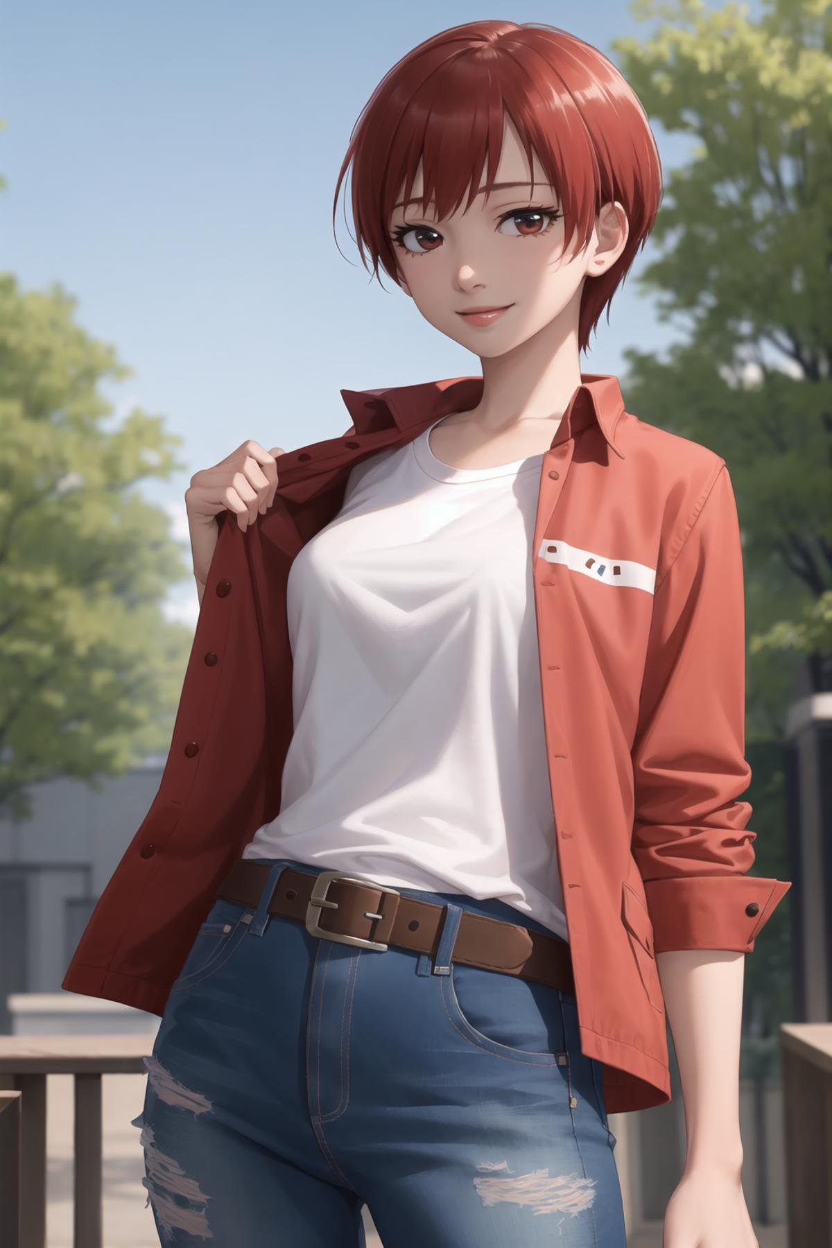 masterpiece, best quality, 1girl, solo, cowboy shot, realistic, KenjouAkira. Akira's jacket, red t-shirt, open jacket, belt, belt buckle, jeans, looking at viewer, dynamic pose, 4k, absurdres, smile, dynamic, ultra detailed, dynamic, striped background, outdoors, <lora:CureChoco-nai:0.8>, 