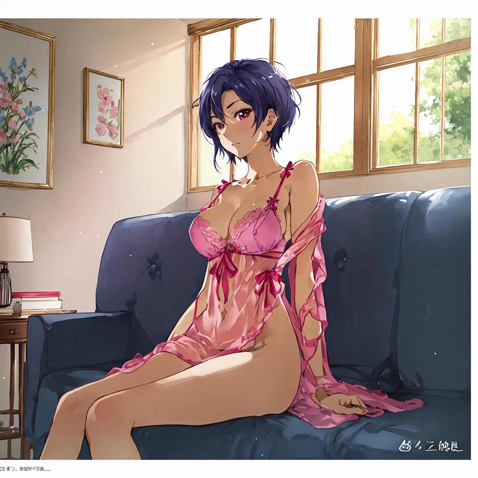 ((masterpiece, best qualityabsurdres, incredibly absurdres)), 1girl, solo, looking at viewer, Furuhashi Suzuna, suzuna's see-through pink lingerie, expressionless, bottomless, sitting, indoors, on couch, moody, filmic, natural light, oil painting \(medium\), traditional media, watercolor \(medium\), medieval interior, <lora:Suzuna-nai:0.6>, 