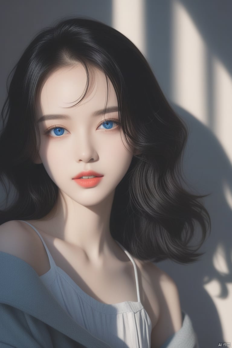 dark,caustics,colorful,gorgeous light and shadow,full body,
The girl's pale skin,her lips are slightly open to reveal her teeth,and her blue eyes are blurry and dreamy. mottled light and shadow,portrait,black_hair, ,