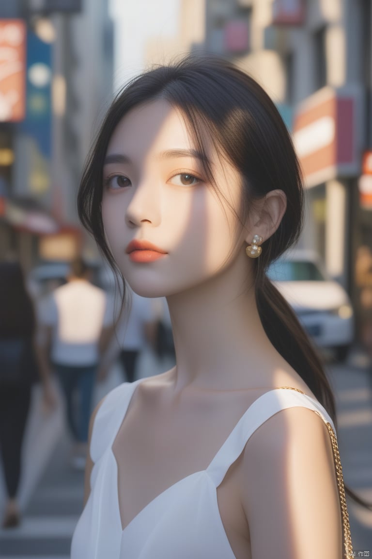 A stunning street fashion shot featuring a young woman in sharp focus, captured by high-definition camera. The girl stands confidently, her entire figure framed within the composition. Soft natural light illuminates her flawless face, highlighting every detail from the subtle curve of her nose to the gentle slope of her cheekbones.