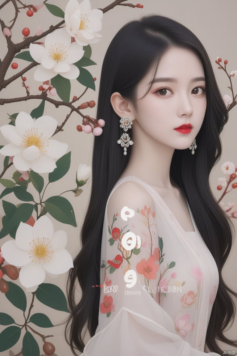 minguofeng,masterpiece,best quality, 1girl, black eyes, black hair, branch, brown eyes, daisy, dandelion, earrings, fingernails, floral background, flower, fur, jewelry, leaf, lily of the valley, lily pad, lipstick, long hair, looking at viewer, makeup, nail polish, pink flower, red lips, solo, upper body, white flower, white rose, illustration,cheongsam,hand painting,simple single background,