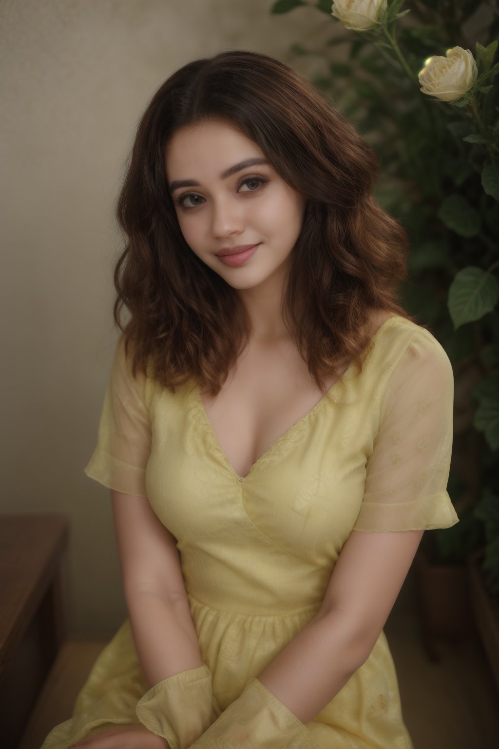 a beauty girl with short_curly 
year <20 years old>
brown_hair
curly_hair
small_body
smiling to viewer
dressed in a yellow dress with flower print,Pixel art
brown_eyes
scenary