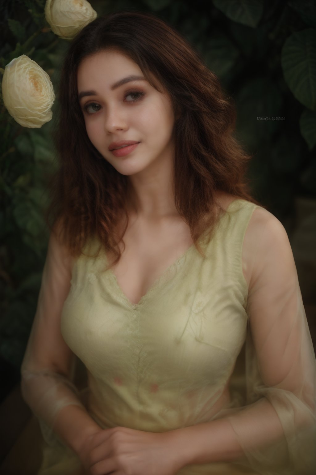 a beauty girl with short_curly 
year <20 years old>
brown_hair
curly_hair
small_body
smiling to viewer
dressed in a yellow dress with flower print,Pixel art
brown_eyes
scenary