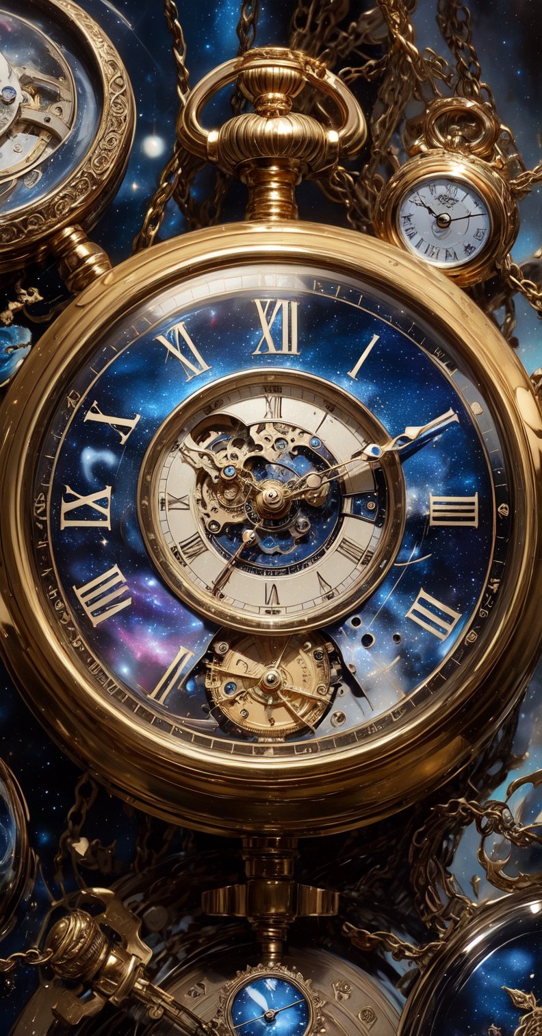 A vintage-inspired still life composition featuring a delicate golden pocket watch with intricate gears and Roman numerals on a worn leather strap, suspended from a chain linked to an antique clock face against a serene star-studded (((( blue galaxies in there)))), amidst a scenic landscape of rolling hills or misty mountains, with the watch's hands frozen at 11:47 PM.