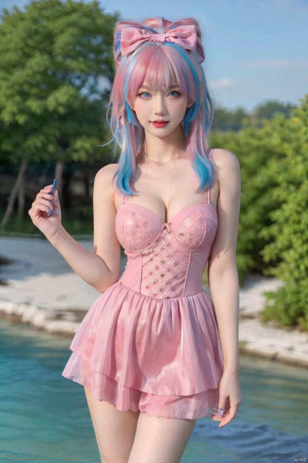 1girl, solo,((blue eyes, pink hair, multicolored hair,bow-shaped hair)), breasts, ((large breasts, cleavage)),((outdoors,shore:1.1)),looking at viewer,pink swimsuit,