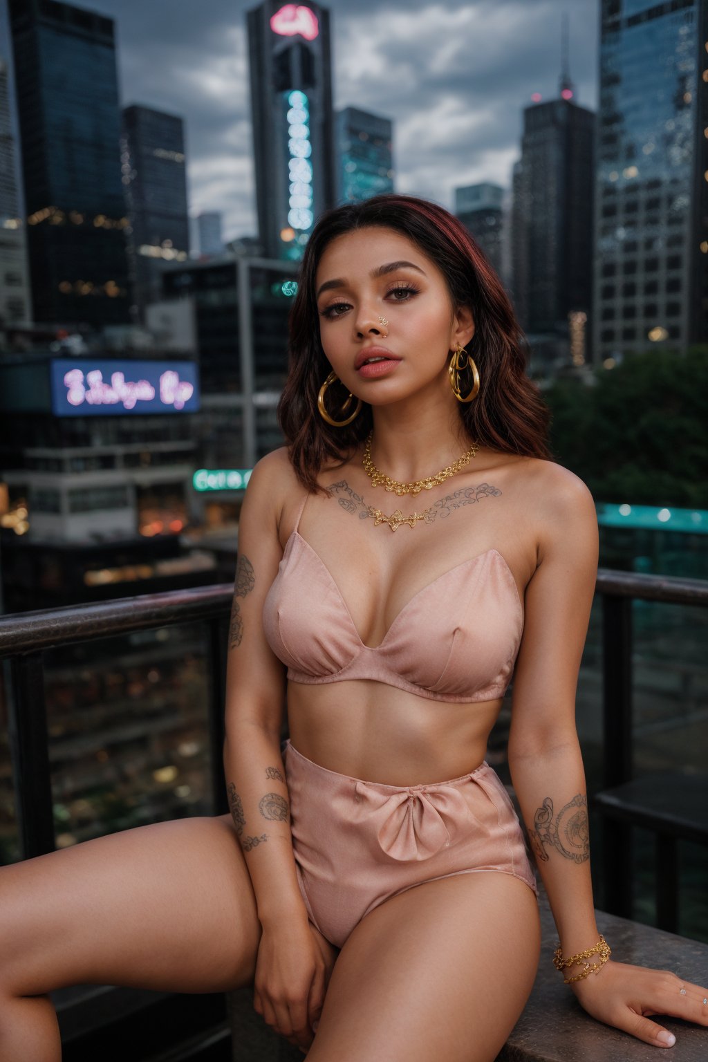 A stunning young woman of African and European descent sits confidently against a vibrant cityscape backdrop. Her oval-shaped face is adorned with frosty pink lips and petite earrings. A striking tattoo adds an edgy touch to her features. The camera frames her from the waist up, emphasizing her slender figure and intricate details such as delicate facial expressions and subtle makeup. The photorealistic image captures every nuance of her beauty, set against a bustling urban environment with towering skyscrapers and neon lights.