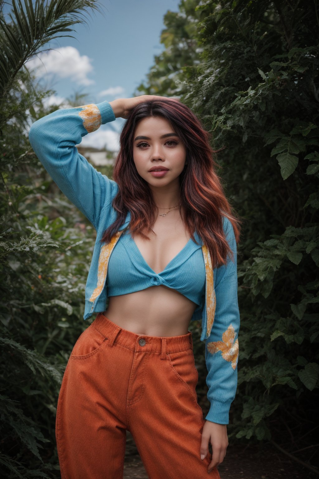 Hayley Kiyoko-esque girl posing solo in an outdoor setting with a vibrant blue sky. Her long, dark hair cascades down her back as she gazes directly at the viewer with a bright smile and gleaming teeth. She wears a bold orange sweater with a matching necklace, complemented by black pants and denim jacket. Her hands are raised, palms facing outwards, as she exudes confidence. The upper body is in sharp focus, while the blurry background adds depth to the scene.